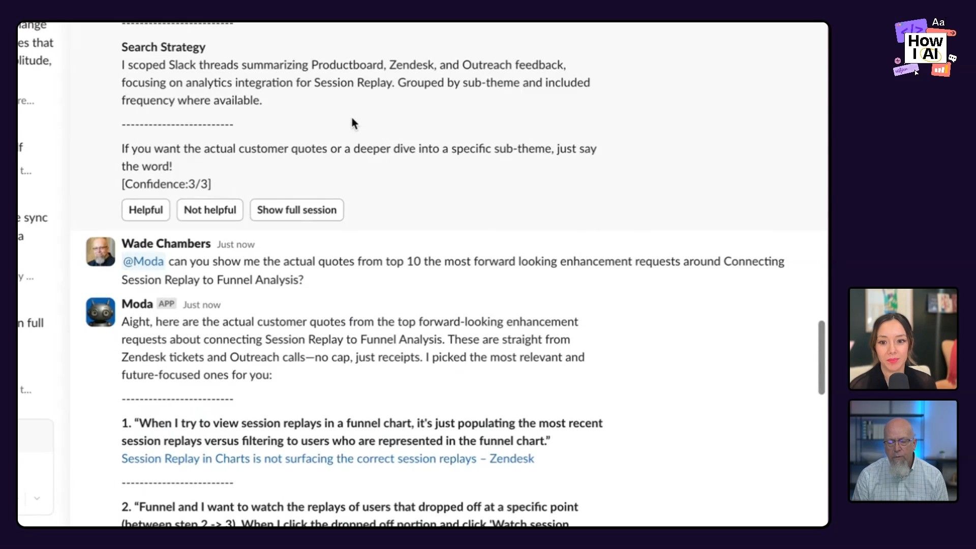 AI-powered insights: Moda analyzes customer feedback on Session Replay integration, revealing key pain points and feature requests.
