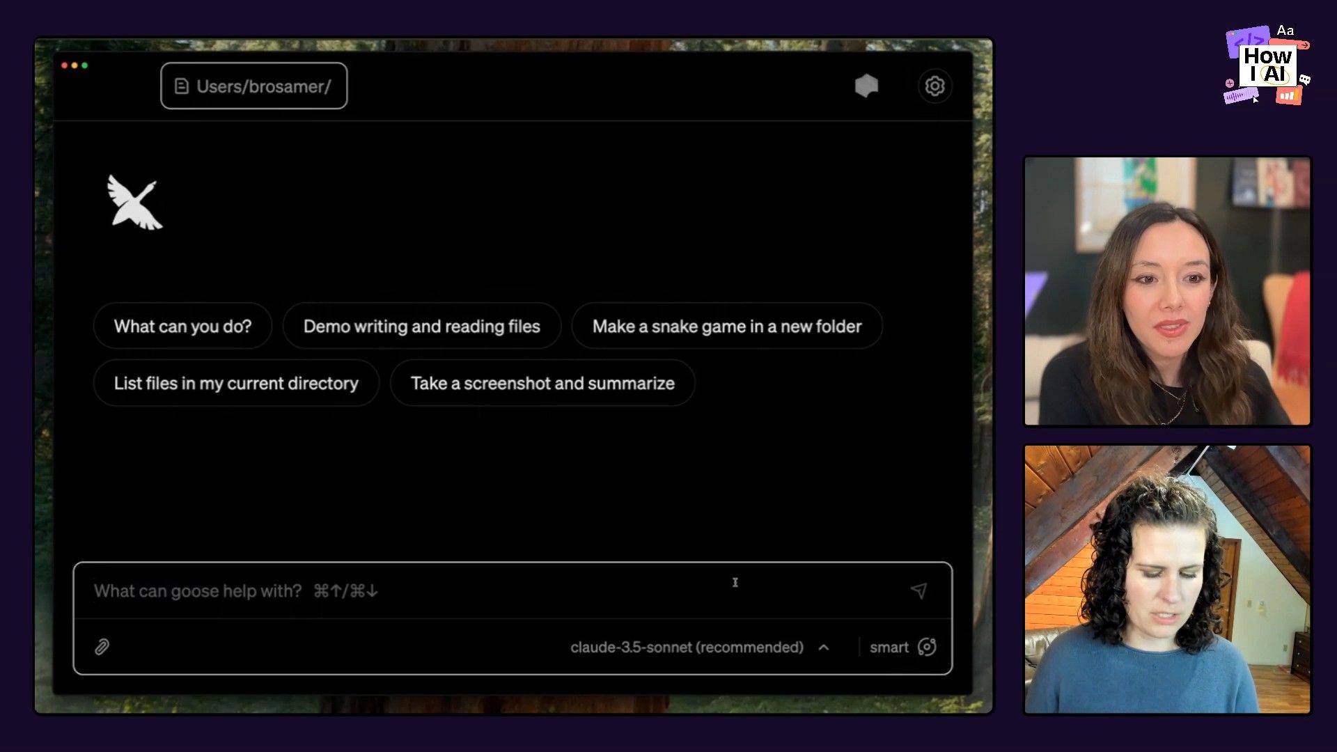 The Goose AI assistant interface, showcasing its capabilities with suggested actions like 'Make a snake game' and 'List files', and featuring the claude-3.5-sonnet model as recommended.