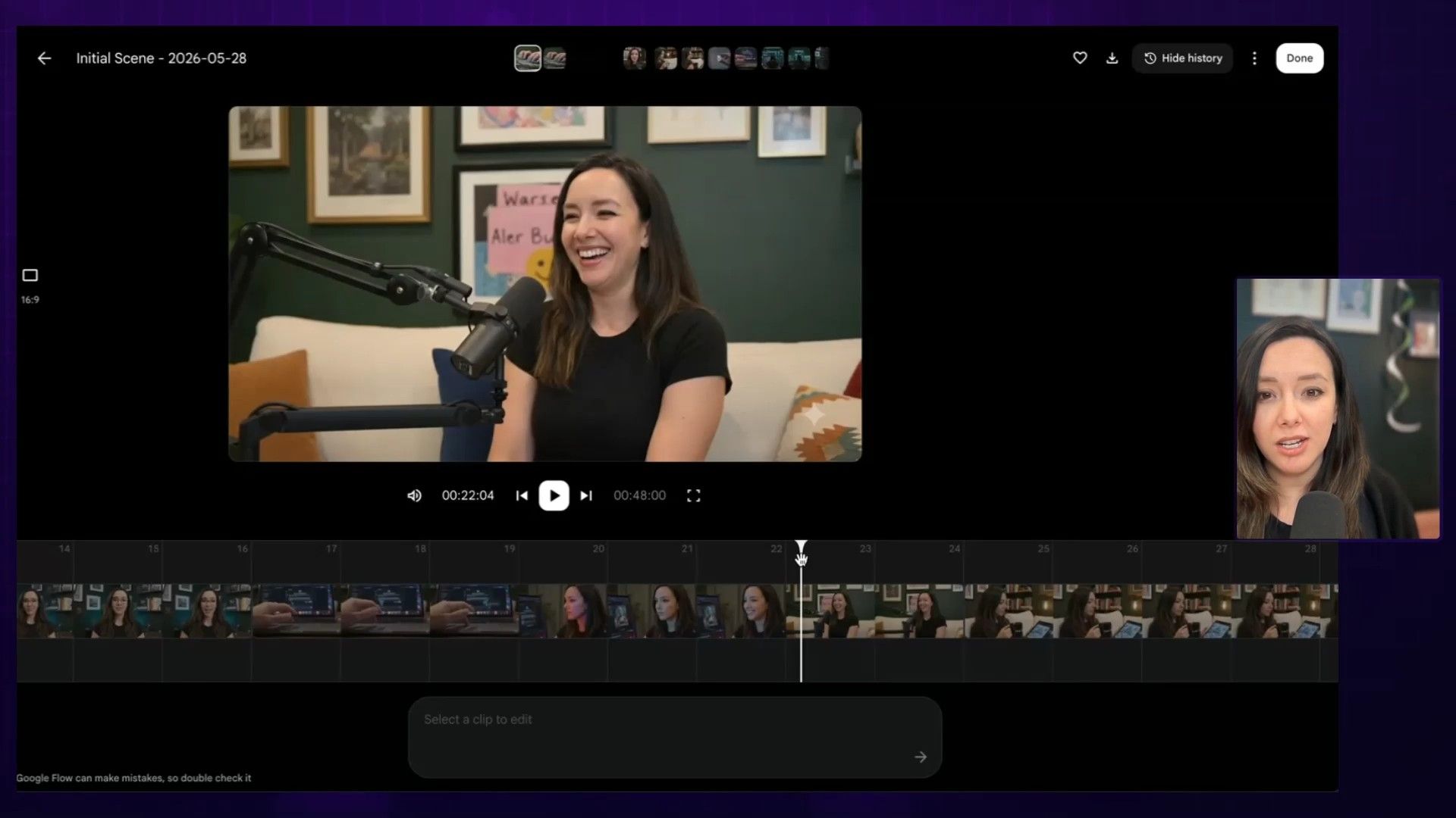 A detailed view of a video editing interface (possibly Google Flow) in action, showing a woman reviewing footage that includes a clip of herself holding a 'How I' mug and a tablet displaying a complex drawing.