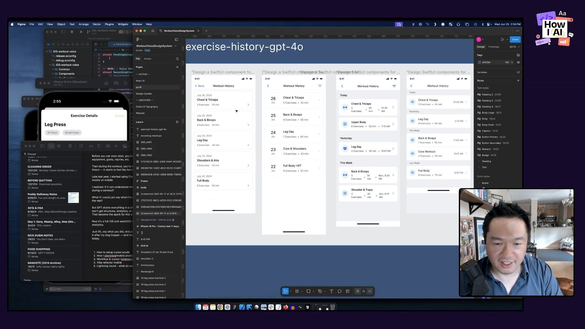 A developer's multi-screen setup featuring Figma with AI-generated SwiftUI mockups for a 'Workout History' app, alongside an IDE showing Swift code, and a Notes app for related information. This illustrates a practical workflow integrating AI design tools with development environments.
