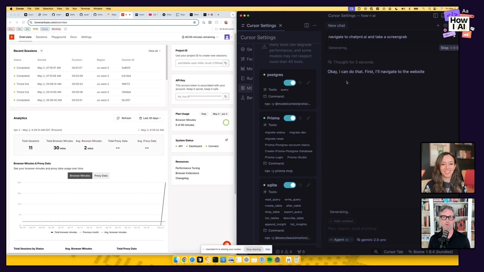 A developer's workspace showcasing the Browserbase dashboard for monitoring headless browser sessions alongside an AI assistant (Cursor) configured with database tools (Postgres, Prisma, SQLite) for automated tasks, demonstrating an AI-driven workflow for web interaction and data management.