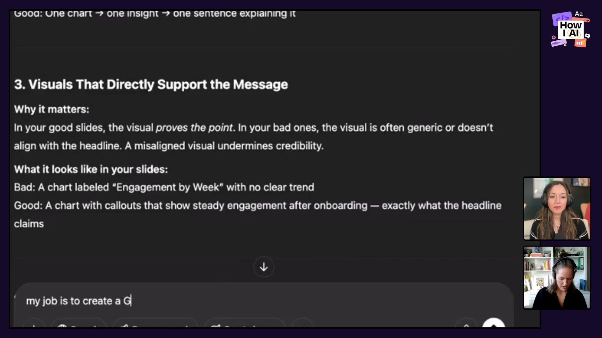 A detailed view of the ChatGPT 4o interface, presenting guidelines for effective slide design, including advice on 'One Idea Per Slide' and 'Visuals That Directly Support the Message'.