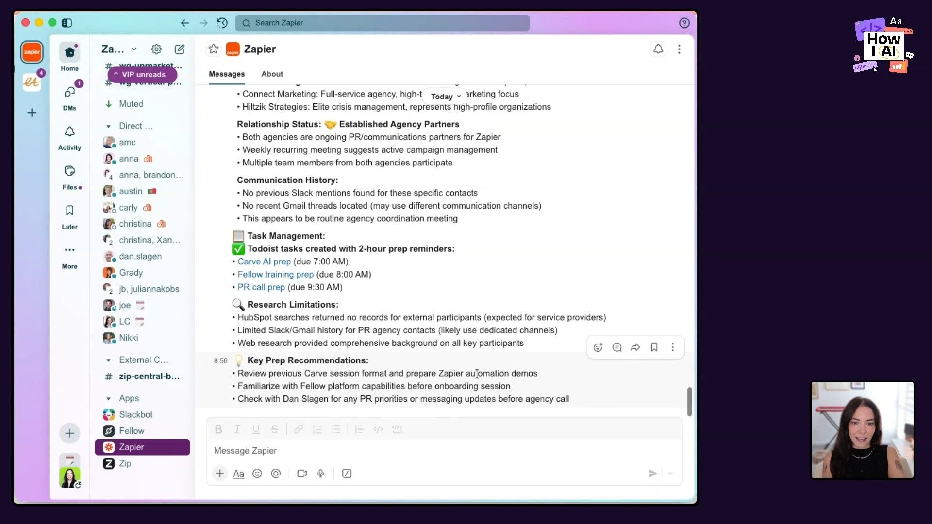 The Zapier Agents interface displaying a comprehensive prompt for the 'Cortney Weekly Meeting Prep' AI agent, detailing steps, data sources, and output formatting.
