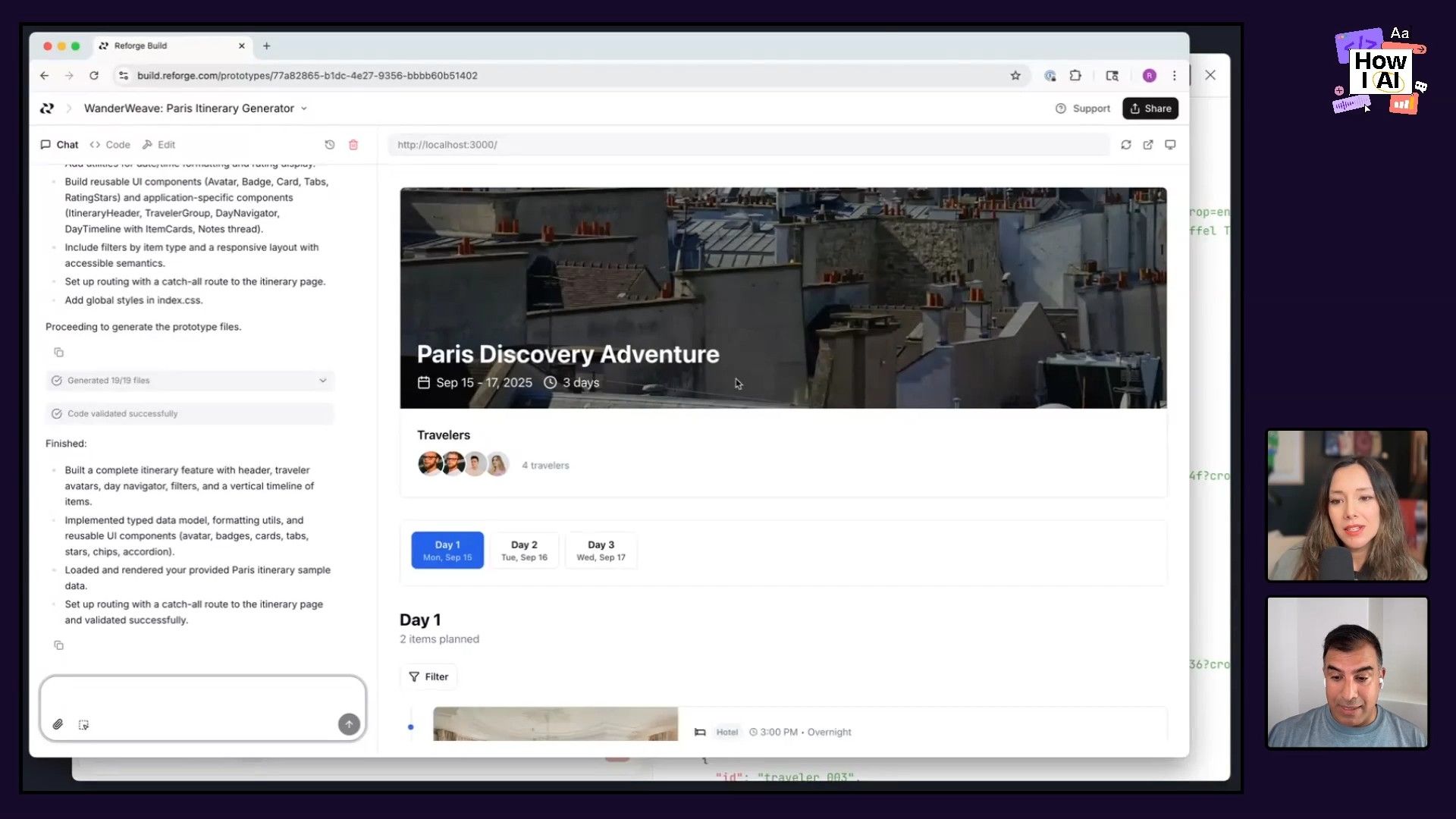 A Reforge Build AI interface demonstrates a user prompting the tool to generate a 'trip itinerary feature' based on sample data, with a clear view of the project's TypeScript and CSS file structure, awaiting code generation.