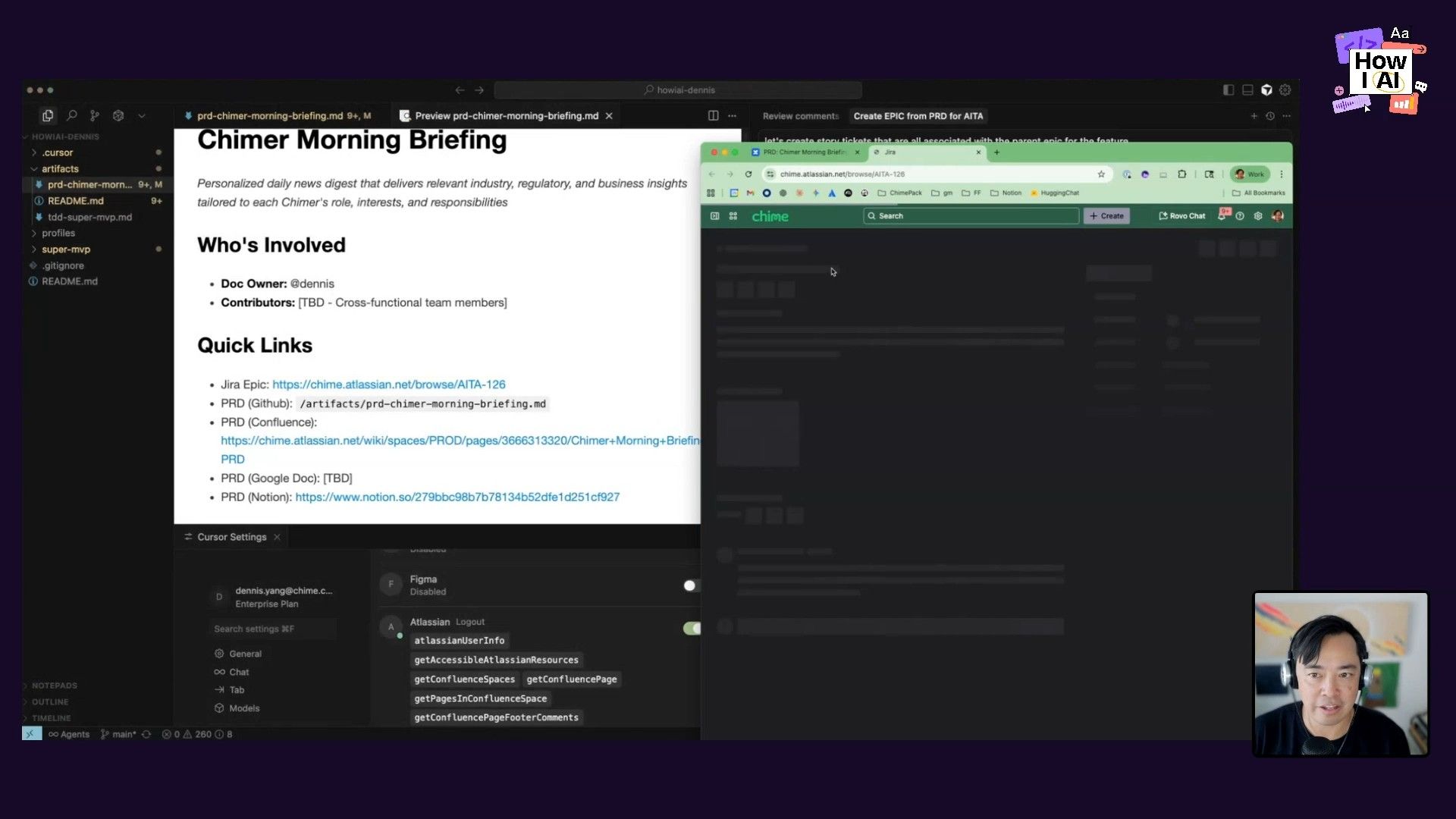 A developer's IDE workspace, likely VS Code, displaying a detailed markdown document for a project briefing and a list of user stories with their acceptance criteria. The interface shows integration with Atlassian tools and interaction with an AI agent (Claude-4-Sonnet), illustrating a modern development and project management workflow for creating structured documentation.