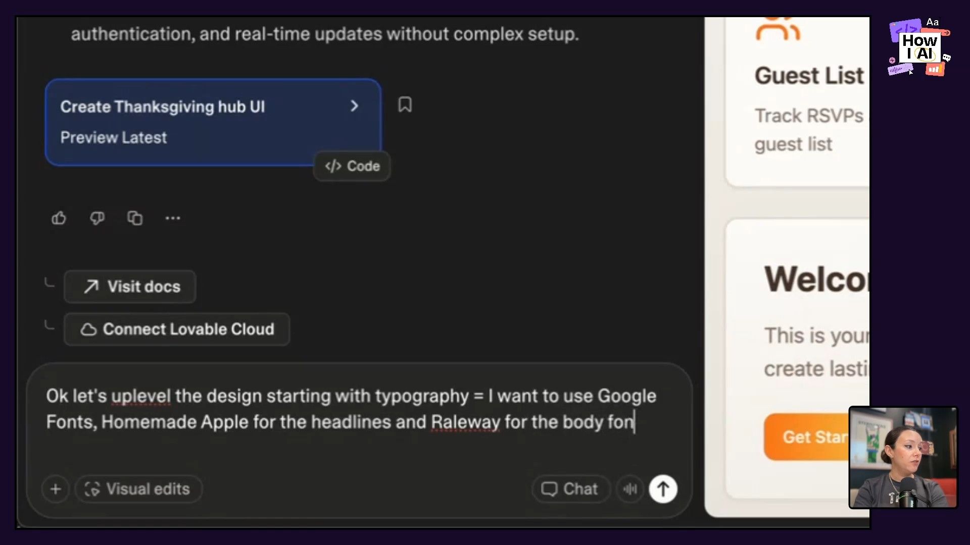 A user instructs an AI to update the design of a 'Thanksgiving Party Hub' web application, specifically requesting 'Homemade Apple' for headlines and 'Raleway' for body text from Google Fonts. The AI's generated web app UI is displayed in the preview pane.