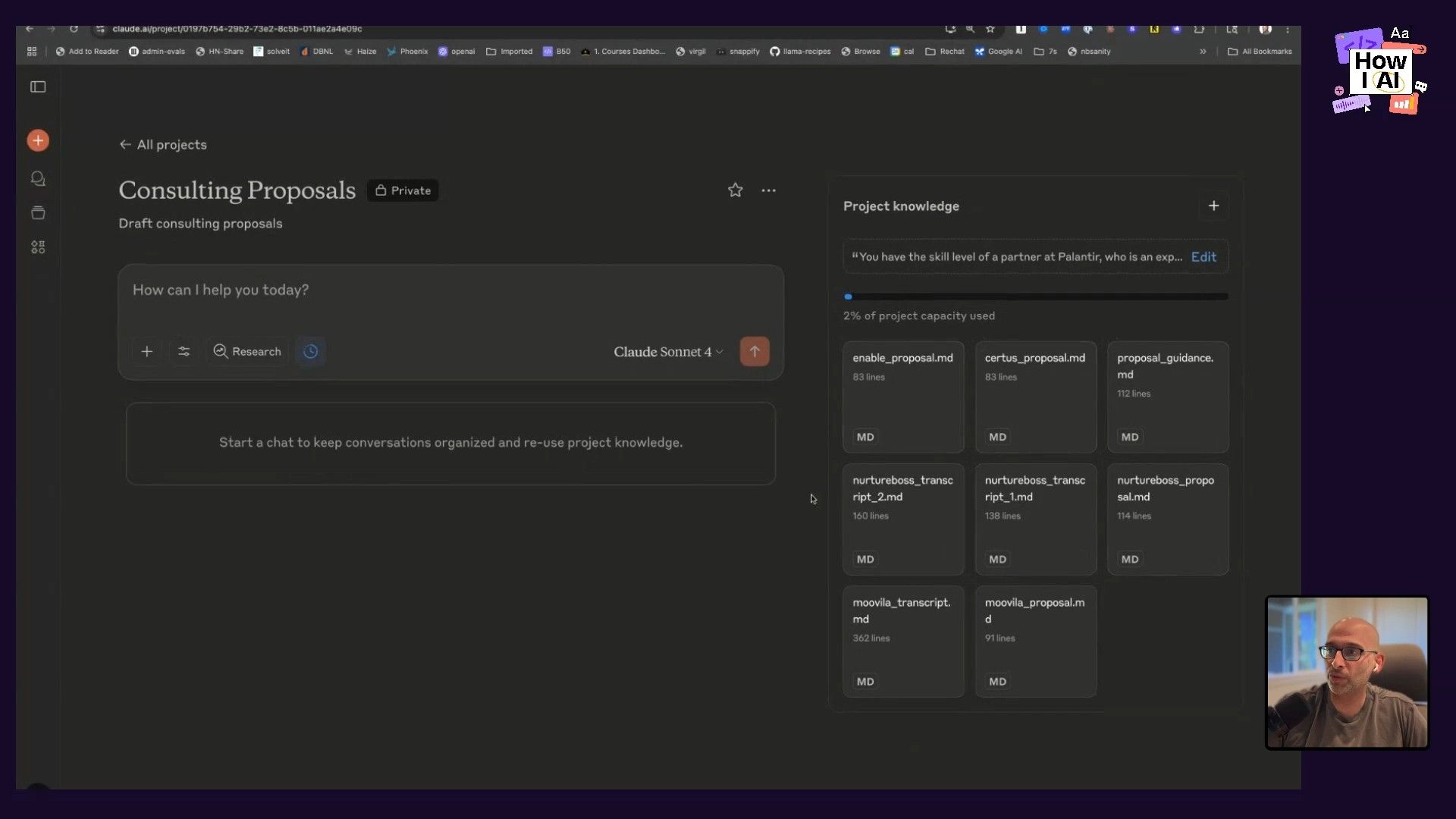 A look inside the Claude AI platform, showing how to set up project instructions for an AI agent to generate consulting proposals from meeting notes and transcripts. The detailed prompt includes examples for tone, brevity, and structure.