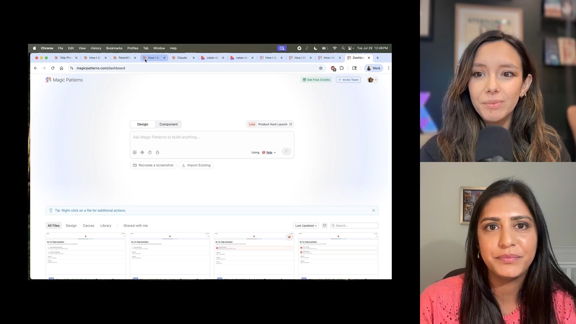 Screenshot of the Magic Patterns web application dashboard, featuring an AI prompt input for design tasks, a 'Product Hunt Launch' notification, and a gallery of generated 'Yelp Assistant' projects.