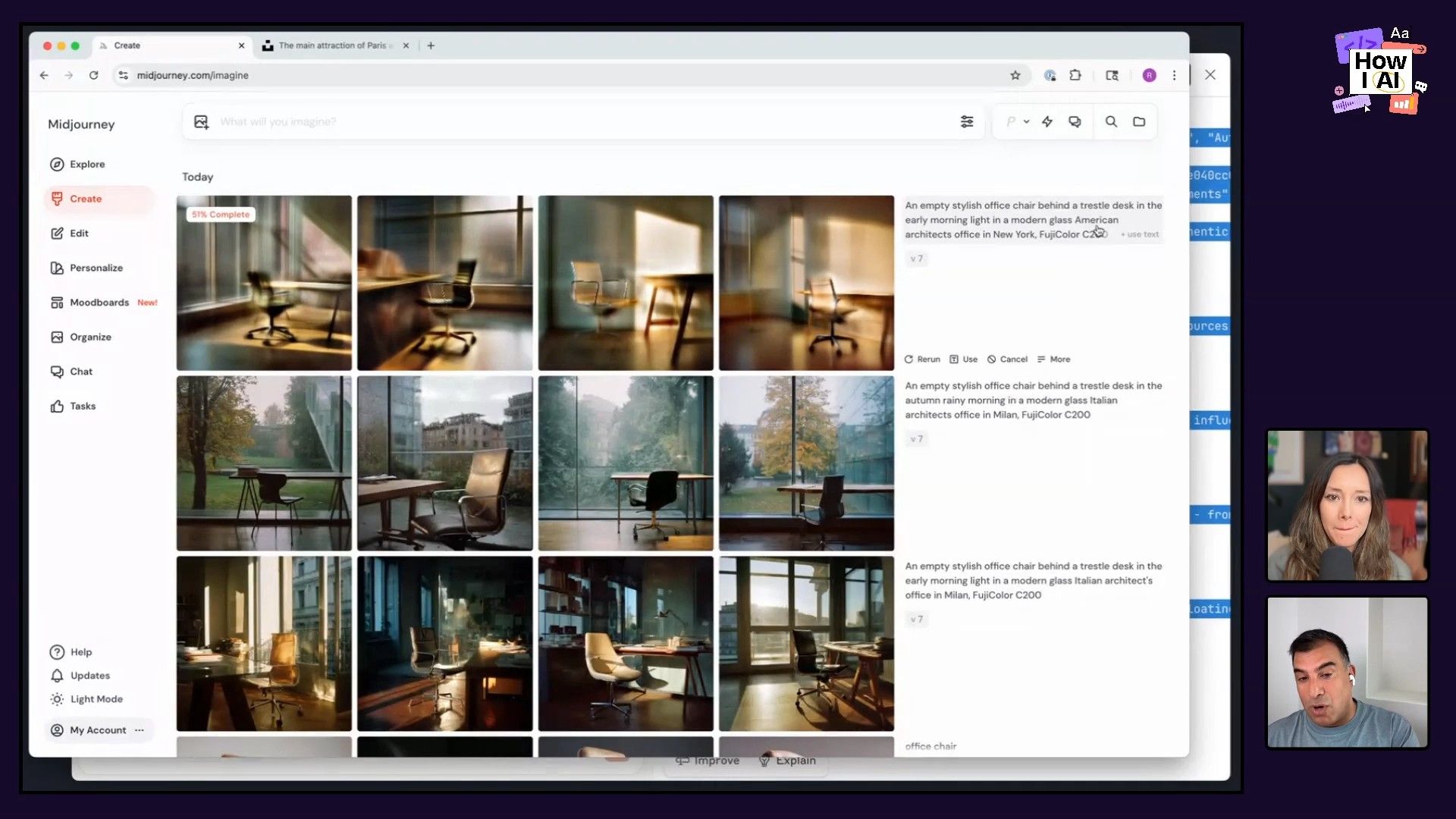 The Midjourney web interface displaying an AI-generated image of a stylish office, accompanied by the detailed prompt: 'An empty stylish office chair behind a trestle desk in the early morning light in a modern glass American architects office in New York, FujiColor C200 --v 7'.