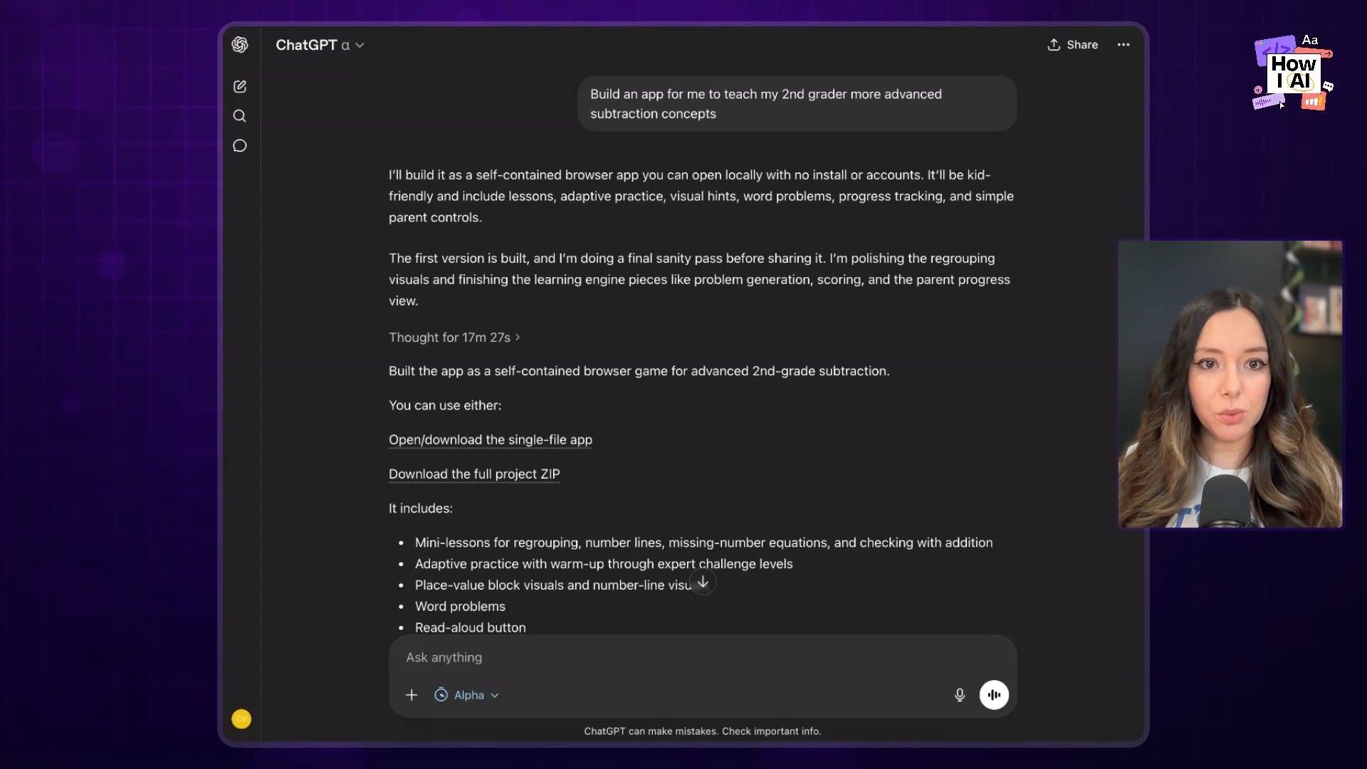 A ChatGPT prompt and its incredibly detailed response outlining an advanced subtraction app, notably showing a 'Thought for 17m 27s' timer. The AI's output includes comprehensive features for a kid-friendly, self-contained browser game, available for download.