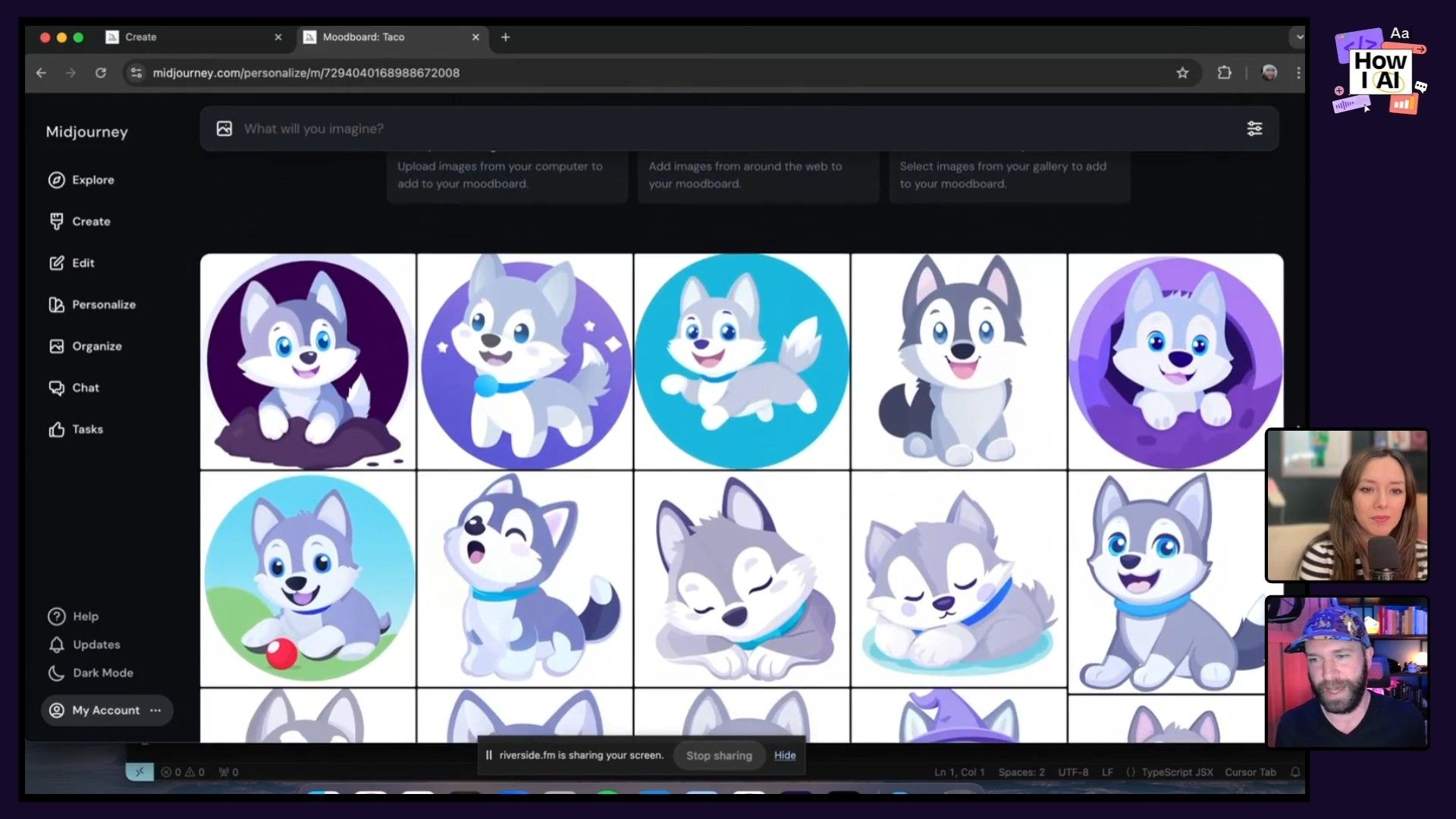 A detailed view of the Midjourney web interface, featuring a diverse grid of AI-generated cartoon husky images and the specific, multi-line prompts used for their creation. This screenshot effectively demonstrates prompt engineering and the visual output capabilities of Midjourney for character design.