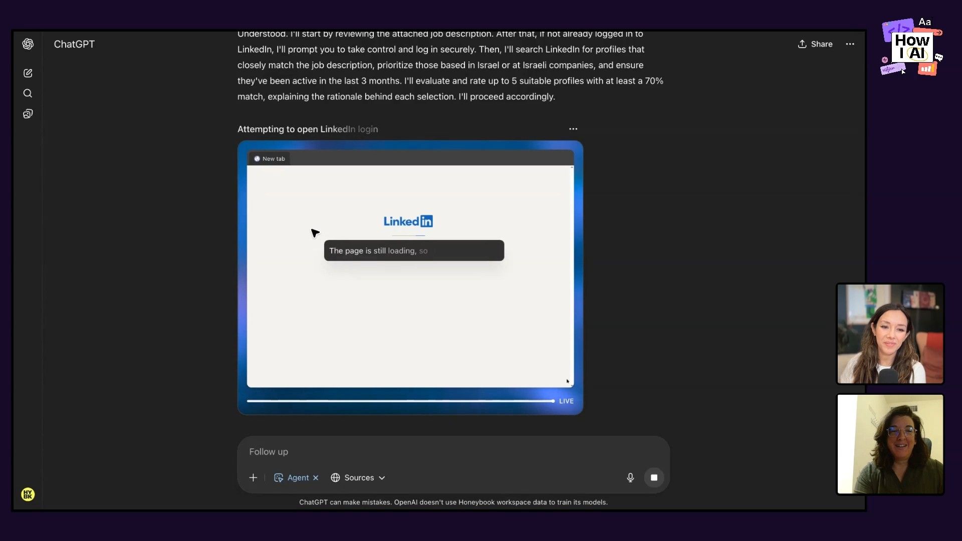 A ChatGPT agent demonstrates its web browsing capabilities by attempting to load the LinkedIn login page, following detailed instructions to find and evaluate profiles. The screenshot captures the live interaction within the ChatGPT interface.