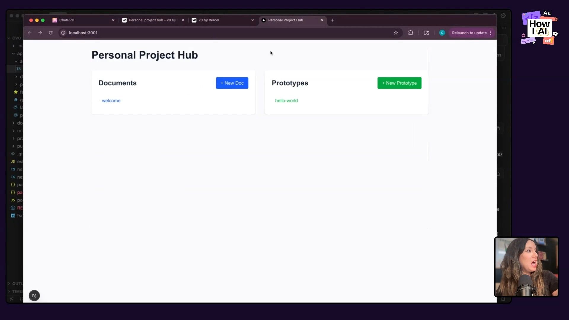 The 'Personal Project Hub' web application, demonstrating its dashboard with sections for documents and prototypes, running locally on localhost:3001. The sidebar hints at the underlying TypeScript and JavaScript files.