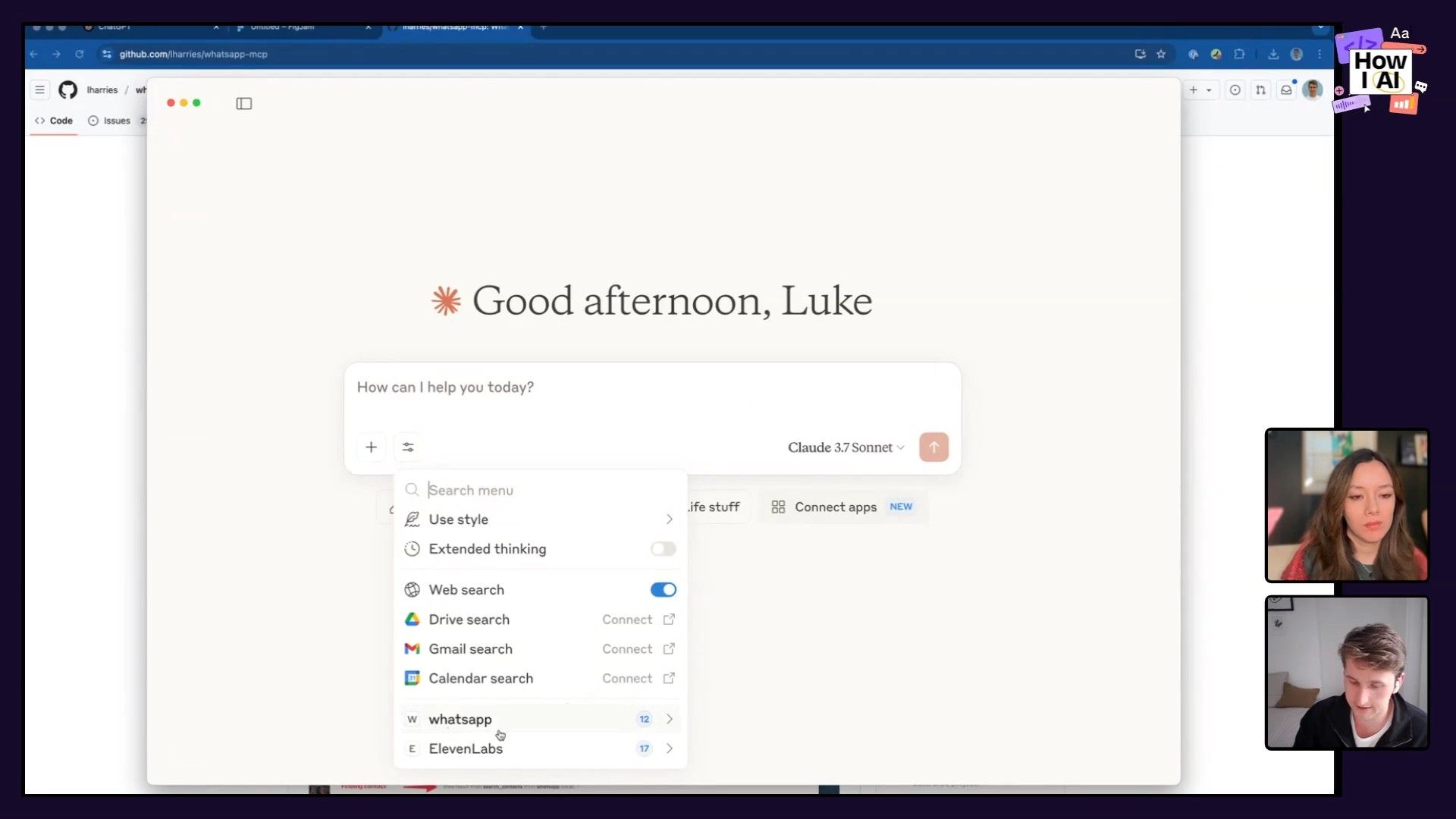 Interacting with the Claude AI chatbot, typing a partial prompt 'What are some recent messages on' within the web interface. The browser's URL points to a GitHub project 'whatsapp-mcp', hinting at the AI's data access or integration.