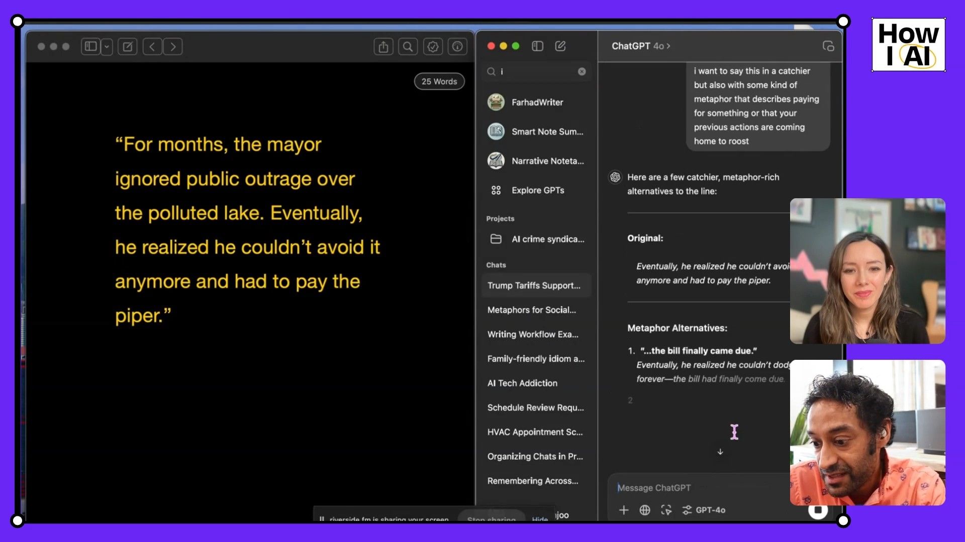 A user prompts ChatGPT (GPT-4o) to generate creative alternatives for the phrase 'pay the piper,' seeking a catchier metaphor for consequences or paying for something. The AI's previous response describes the meaning of the idiom.