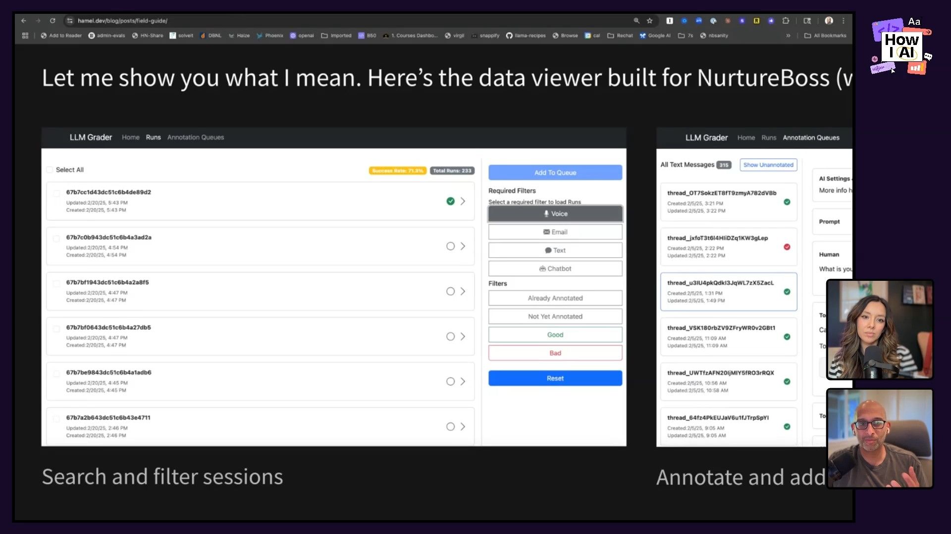 A detailed look at the NurtureBoss LLM Grader's custom annotation UI, demonstrating its capabilities for filtering and managing data sessions by communication type (voice, email, text, chatbot) and annotation status (good, bad, annotated, unannotated). The interface also previews an AI settings panel for prompt management.