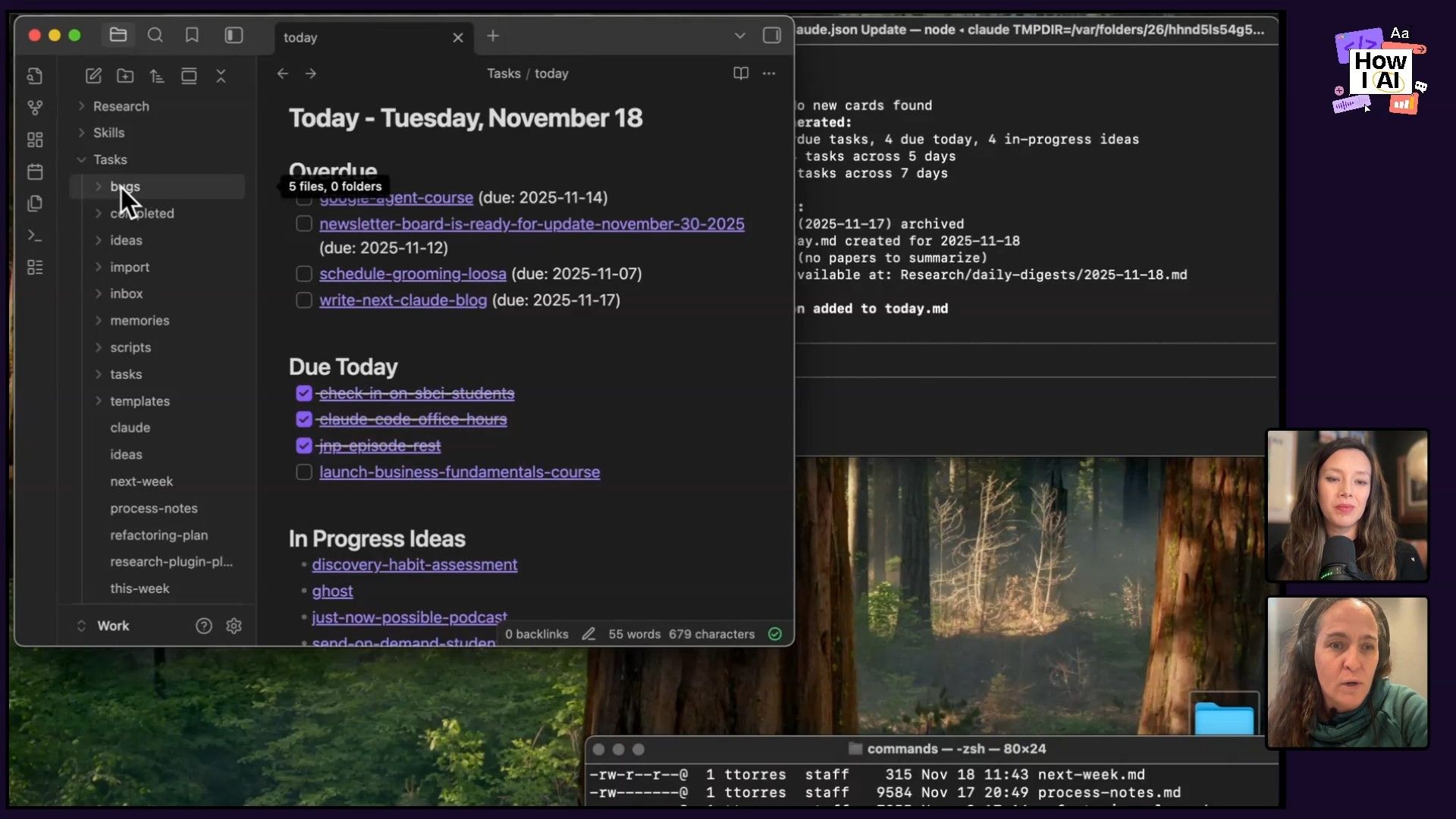 A comprehensive view of a productivity workflow, showing an Obsidian note for 'launch-business-fundamentals-course' with properties and a checklist, alongside the file structure. The screen also displays terminal commands and the output of a Node.js script, demonstrating a blend of personal knowledge management and development tools.