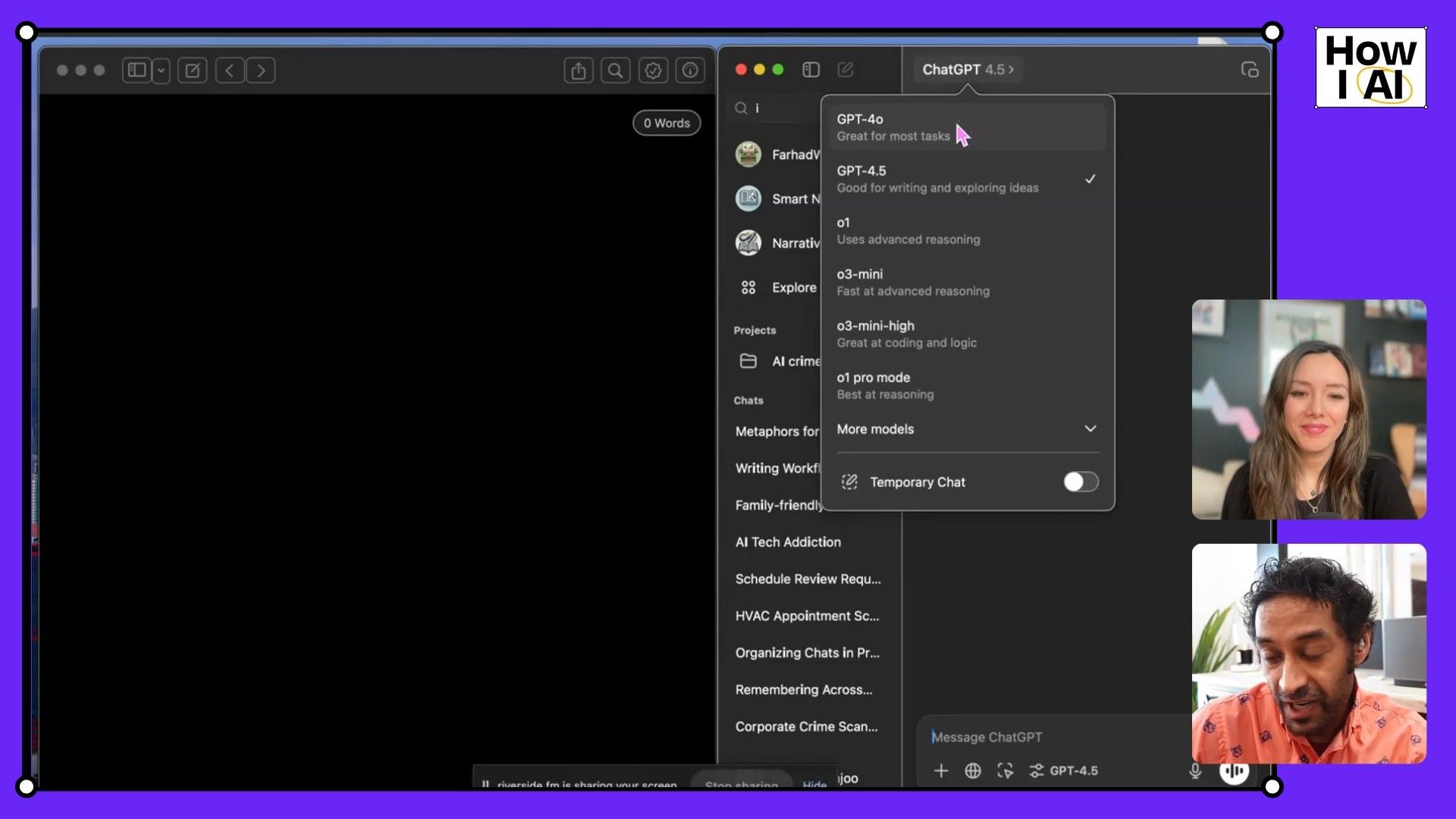 A detailed look at the ChatGPT desktop interface, showcasing the variety of AI models available for selection, including GPT-4o and GPT-4.5, alongside a user's organized chat categories.