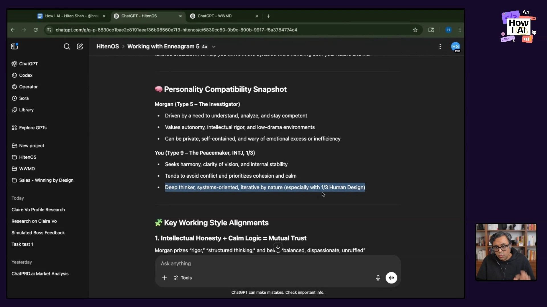A detailed AI-generated 'Personality Compatibility Snapshot' on ChatGPT, outlining Enneagram types and working style alignments for 'Morgan (Type 5)' and 'You (Type 9) - The Peacemaker'. The analysis highlights traits like intellectual rigor, autonomy, and a preference for calm, with podcast host Hiten Shah visible.