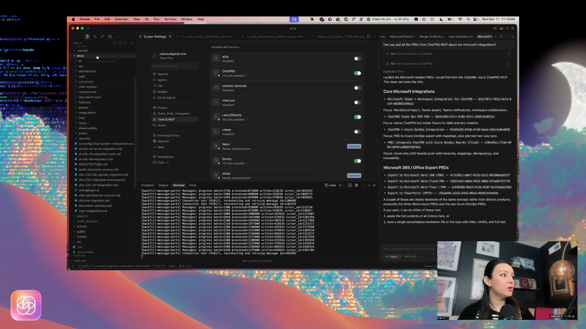 A developer's workflow in VS Code: managing project files, configuring integrations, monitoring terminal output, and leveraging AI for generating and summarizing technical documentation like Product Requirement Documents (PRDs) for Microsoft integrations.