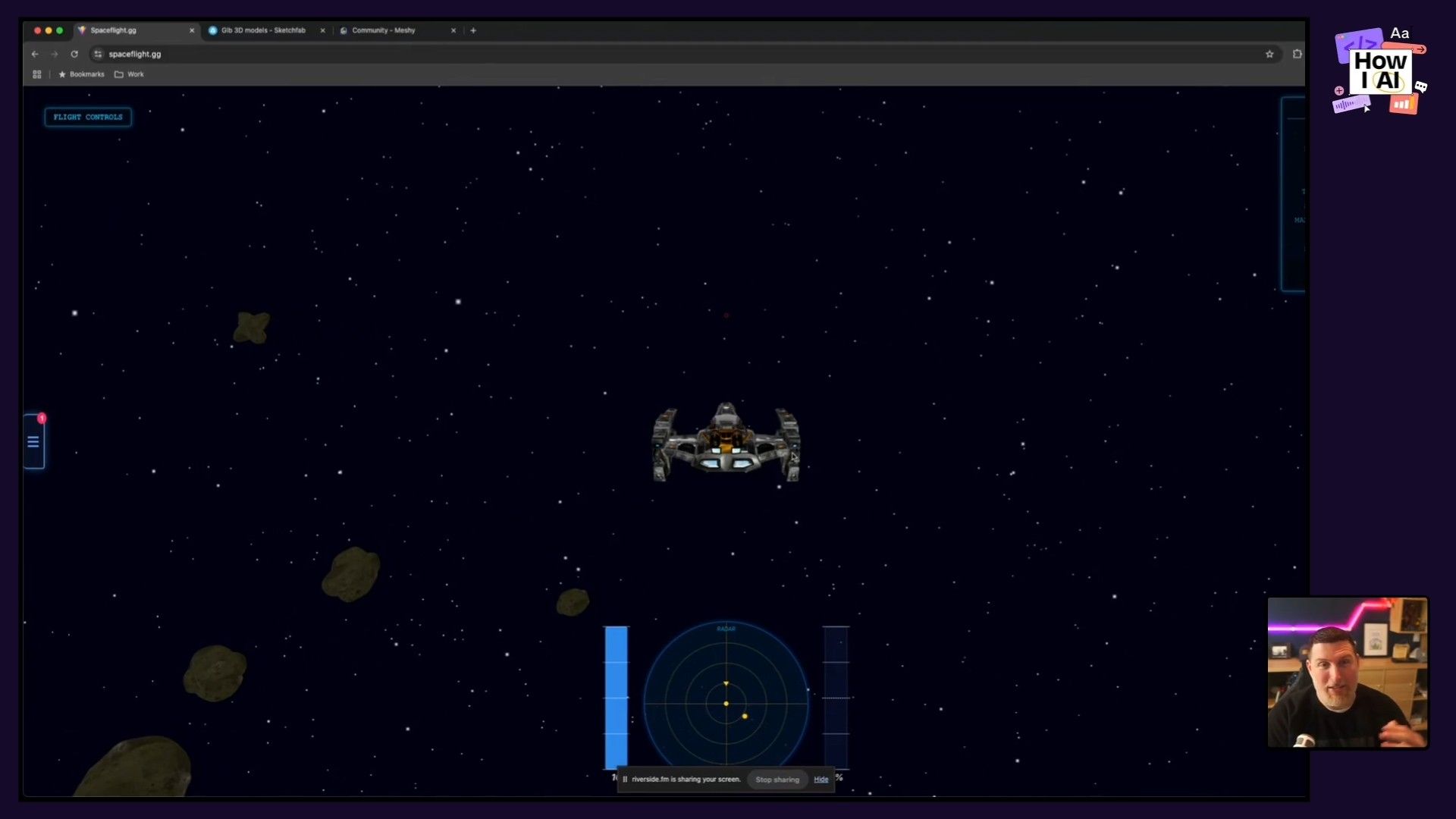 A detailed look at the Spaceflight.gg game interface, showcasing a 3D spaceship model and in-game radar, within a web browser, during a 'How I AI' podcast.