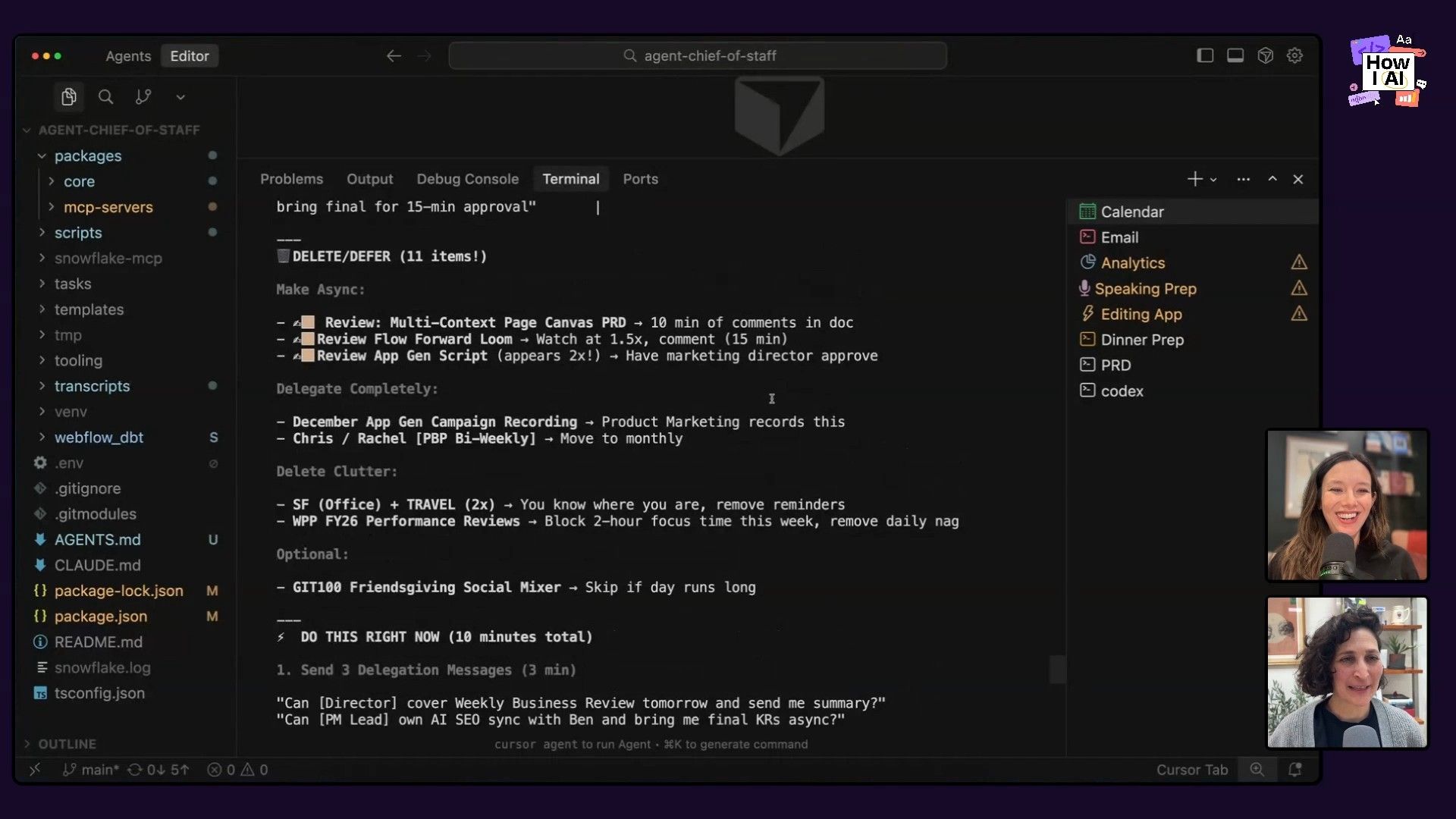 A developer's interface displays an AI agent's output, categorizing tasks for asynchronous work, delegation, and clutter reduction, alongside specific instructions for immediate delegation messages, showcasing an AI-assisted workflow.