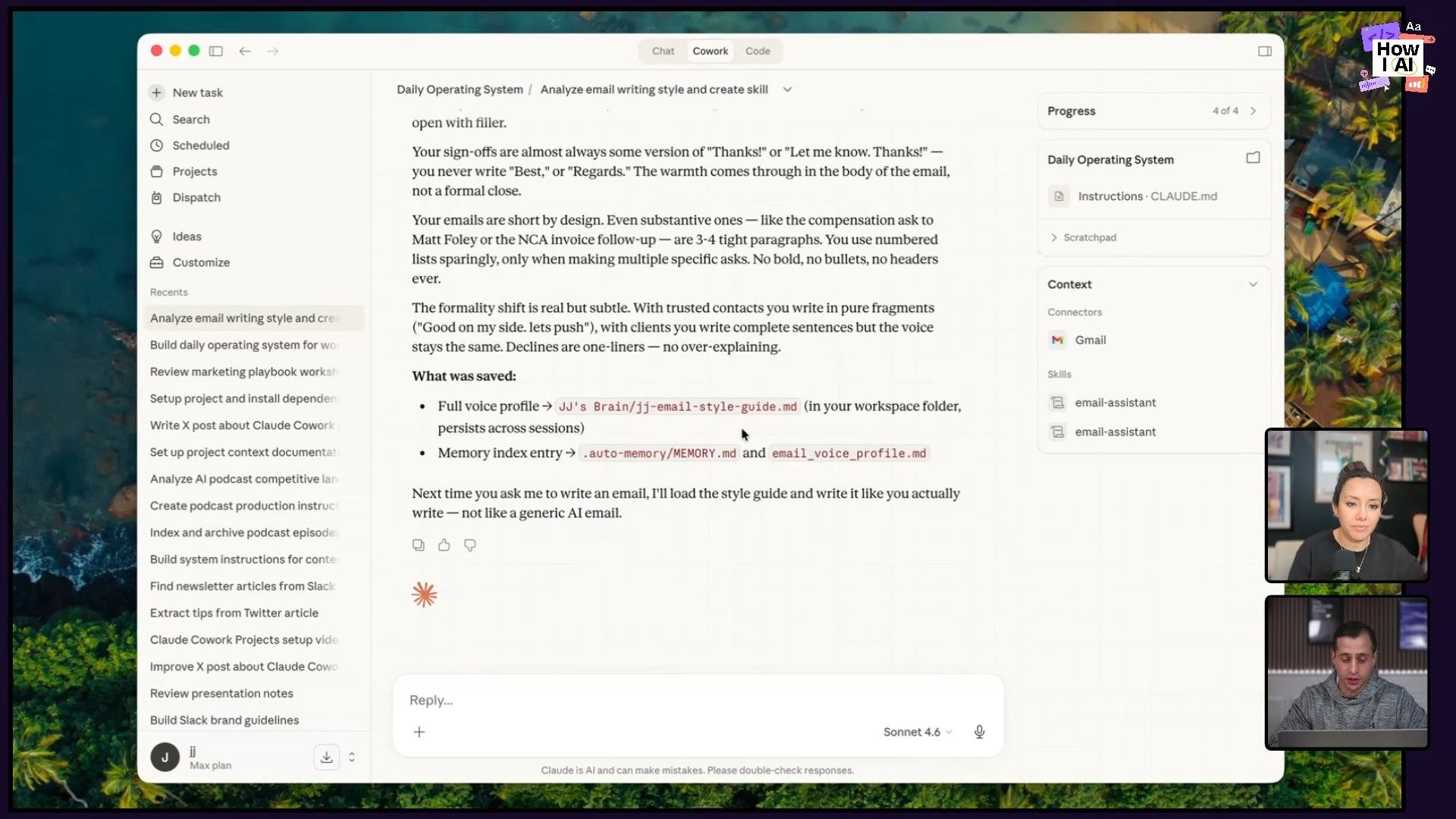 The chat window showing the confirmation that Cowork has created an 'email style guide' and 'voice profile'