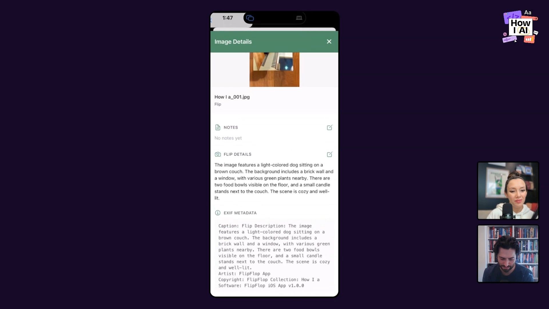 A mobile application interface demonstrating AI-generated image descriptions and structured metadata within the 'Flip Flop' app, highlighting detailed content analysis and contextual information.