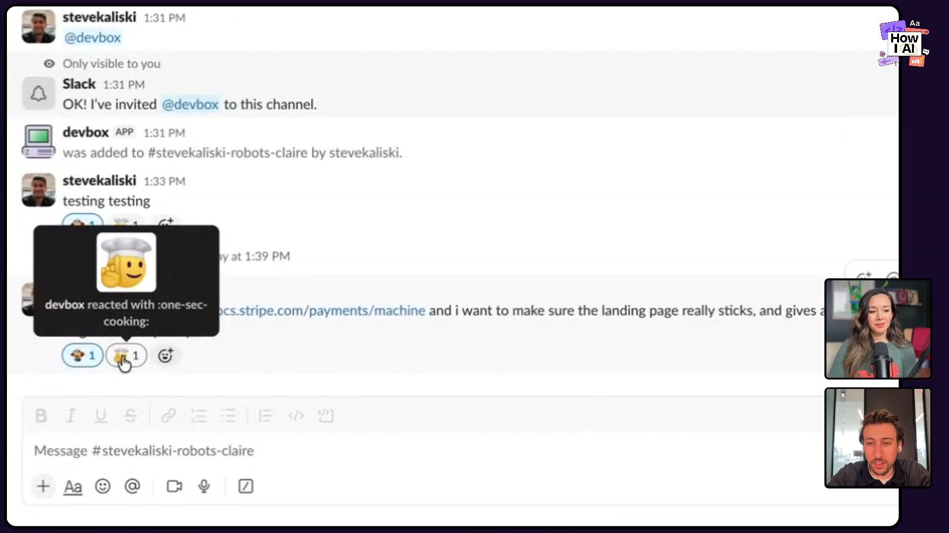 A Slack message from the Devbox app details the completion of an automated agent run on `testing-tree-stone-field`, including its status, a summary of changes, and the generation of a pull request for a task filled with 'TODO comm...'. The wider context mentions a 'code example'.