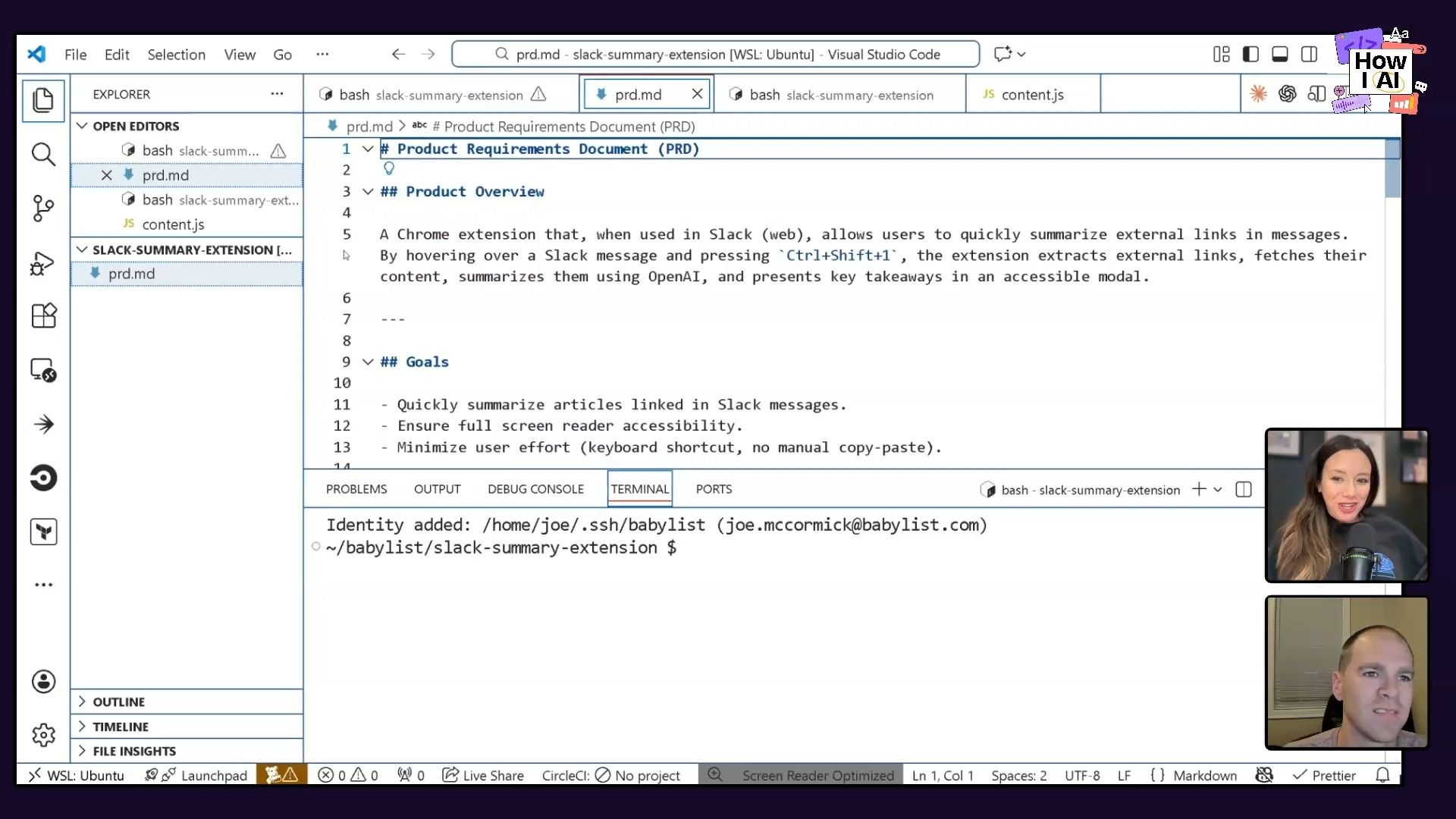 A Visual Studio Code screen showcasing a Product Requirements Document (PRD) for a Chrome extension designed to use OpenAI for summarizing Slack links, presented alongside a terminal session showing command-line activity.