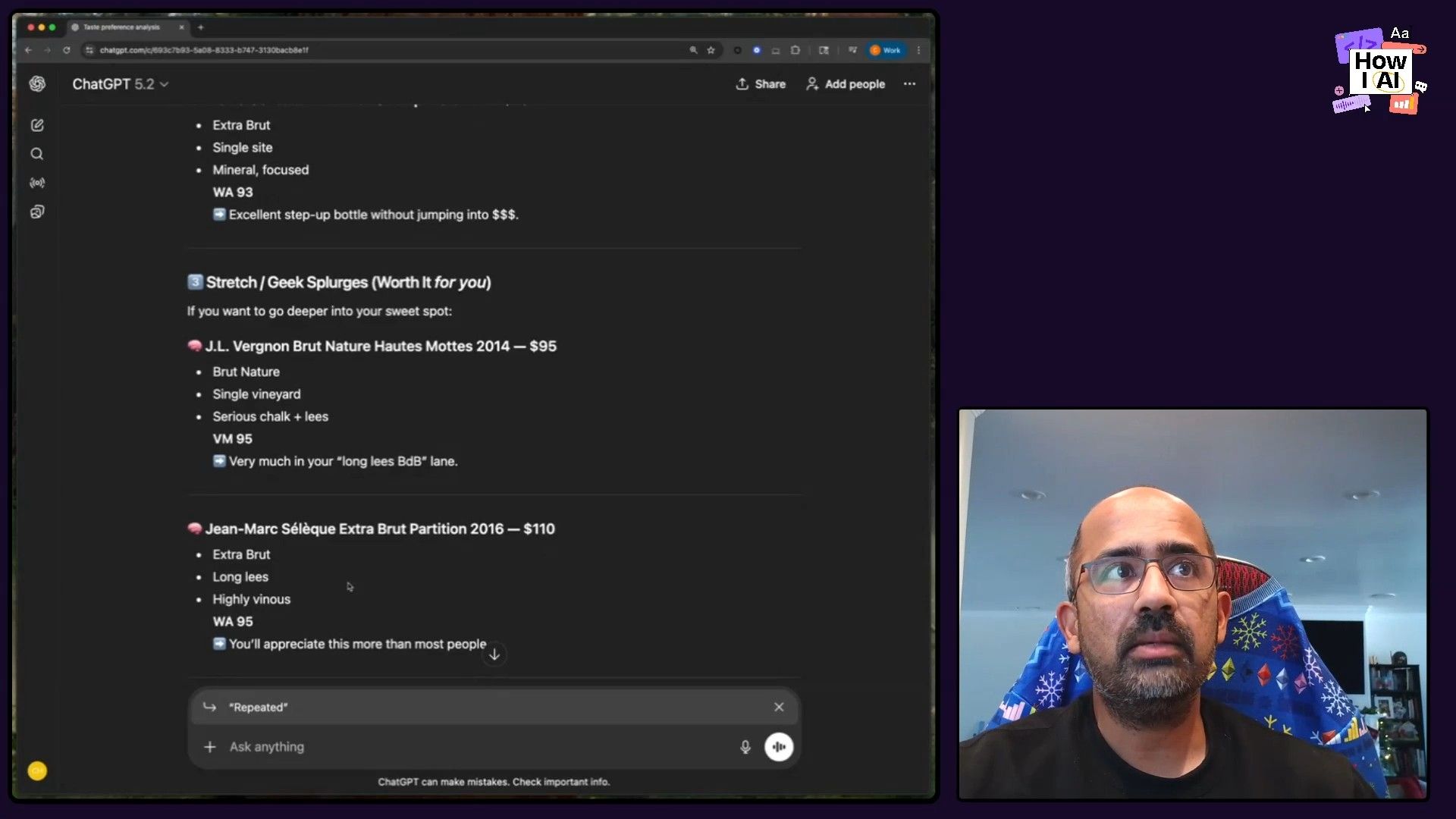 ChatGPT provides detailed wine recommendations, categorizing 'Best VALUE Picks' with tasting notes, prices, and critical scores, demonstrating AI's ability to offer personalized product suggestions from a user prompt.