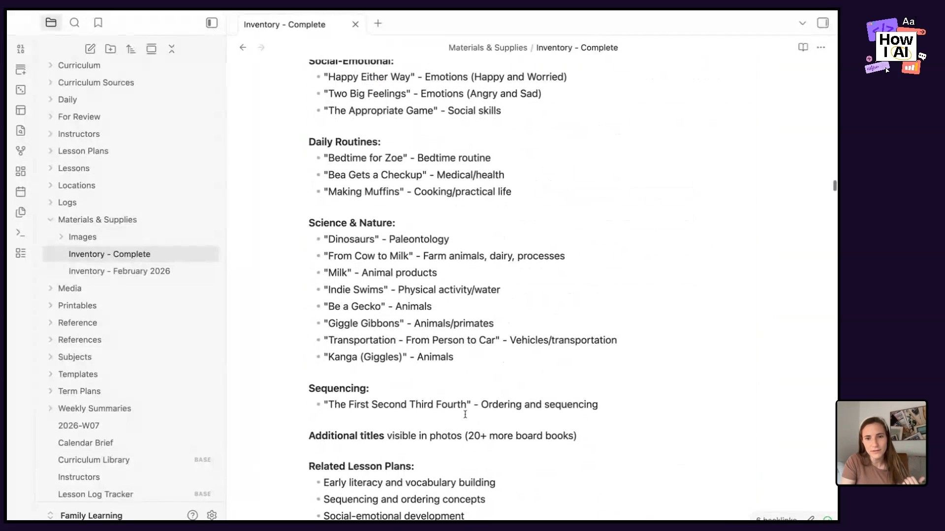 An Obsidian inventory entry details an 'Alphabet Tracing Board', complete with its description, relevant learning subjects (tagged with #language, #writing, #literacy, #practical-life, #fine-motor), and linked lesson plans, demonstrating how AI-generated content can be organized and enriched within a personal knowledge management system like Obsidian.