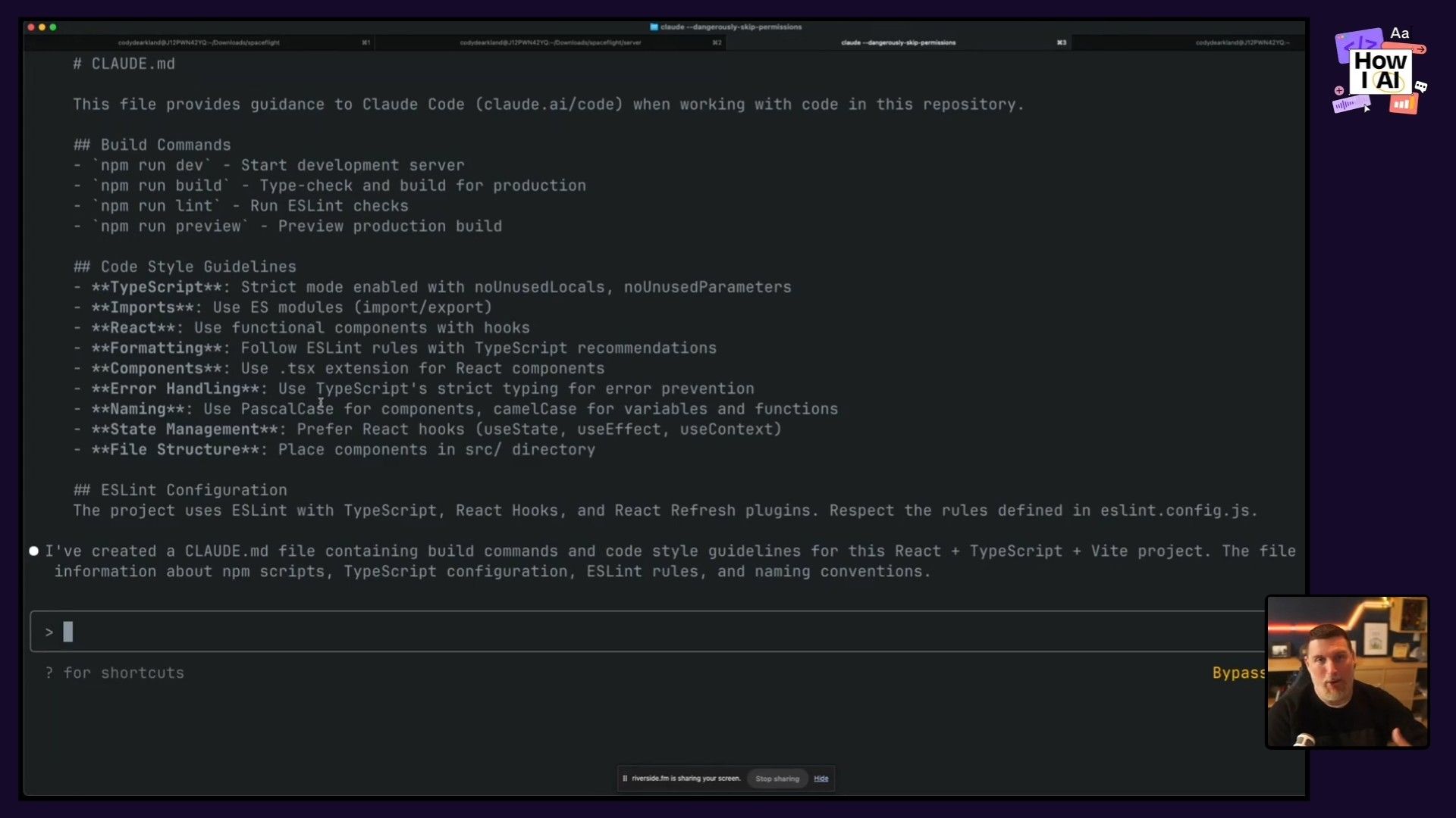 A detailed view of a `CLAUDE.md` file displayed in a terminal, outlining `npm` build commands, code style guidelines for React and TypeScript, and ESLint configuration for a project, demonstrating practical AI-assisted development setup.