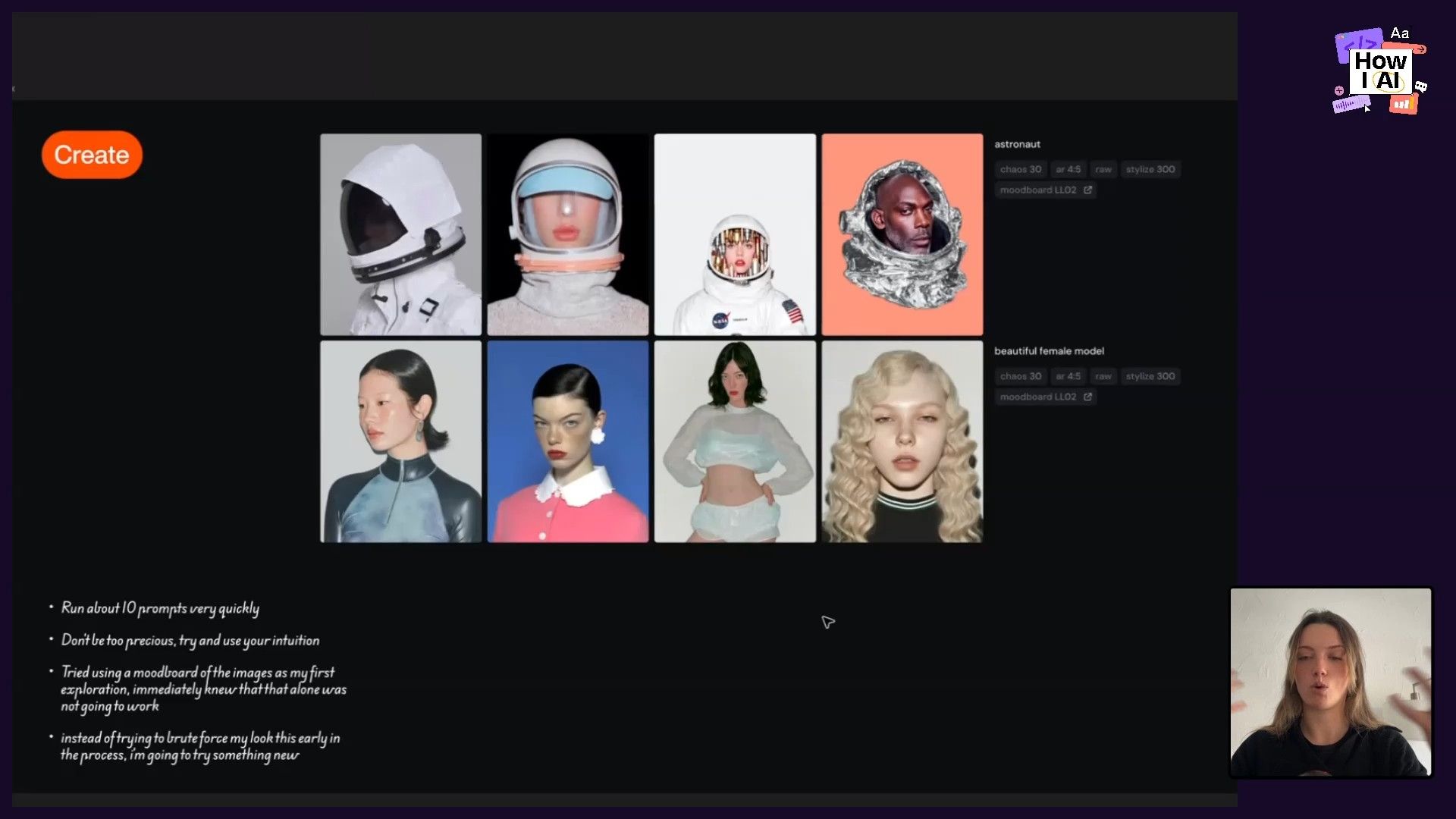 A Midjourney-like interface demonstrates early AI-generated images, displaying prompts ('astronaut', 'beautiful female model') and their parameters. The accompanying slide highlights an iterative approach to AI generation, emphasizing quick prompts, intuition, and avoiding early brute-force attempts.