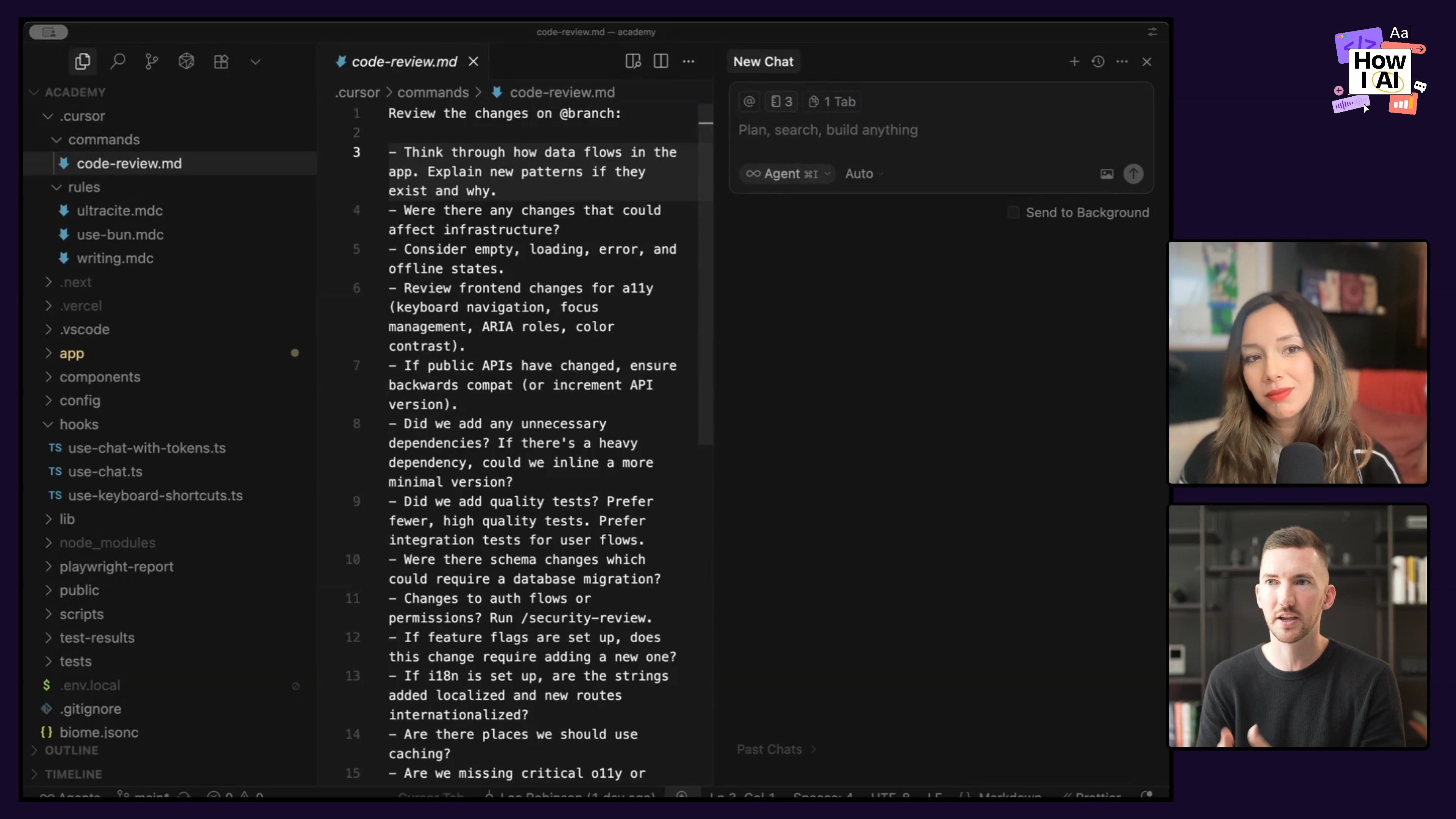 A custom AI prompt for comprehensive code reviews, covering architectural, dependency, and frontend considerations, displayed within an IDE during a podcast segment on AI in development.