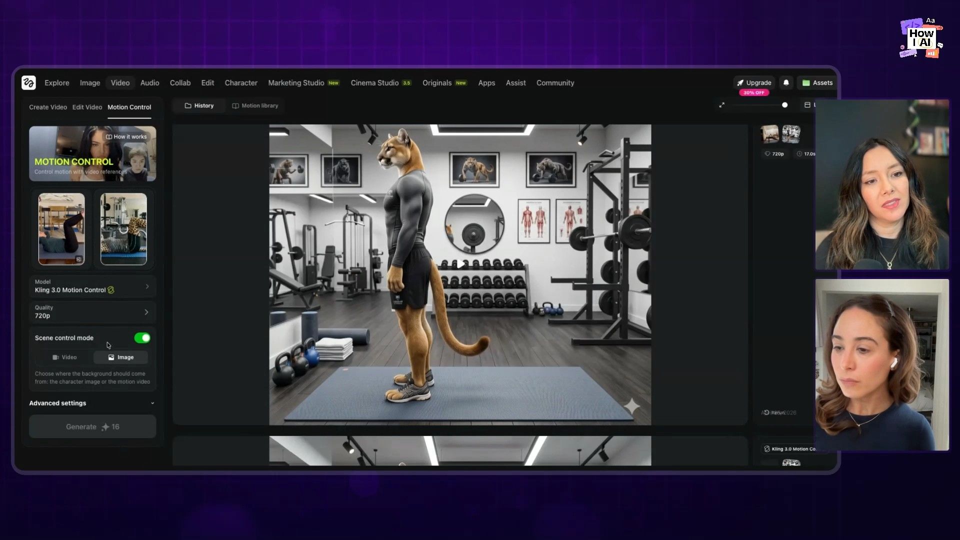 A detailed view of the Higgsfield AI UI, showcasing the 'Motion Control' feature with an AI-generated humanoid cougar character in a gym setting. The interface displays options for model selection (Kling 3.0 Motion Control) and scene control mode for background generation.