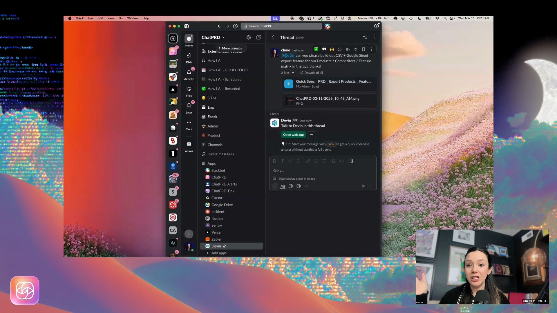 A user interacts with the Devin AI agent in Slack, requesting a CSV and Google Sheet export feature, demonstrating an AI-powered workflow within a communication platform. The agent acknowledges the request and offers options to proceed.