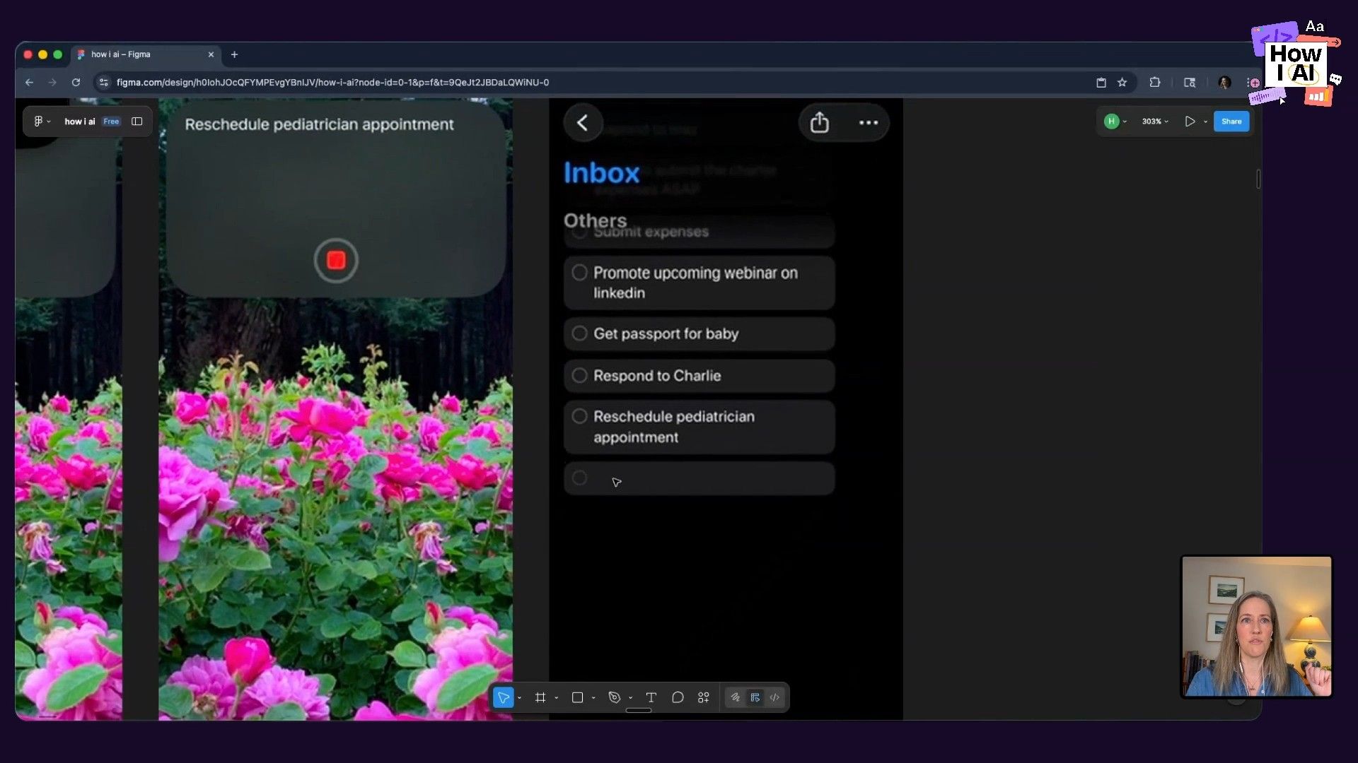 A visual demonstration within Figma showcasing the configuration of an iPhone shortcut to quickly capture reminders by dictating text and adding it to the inbox in the Apple Shortcuts app.
