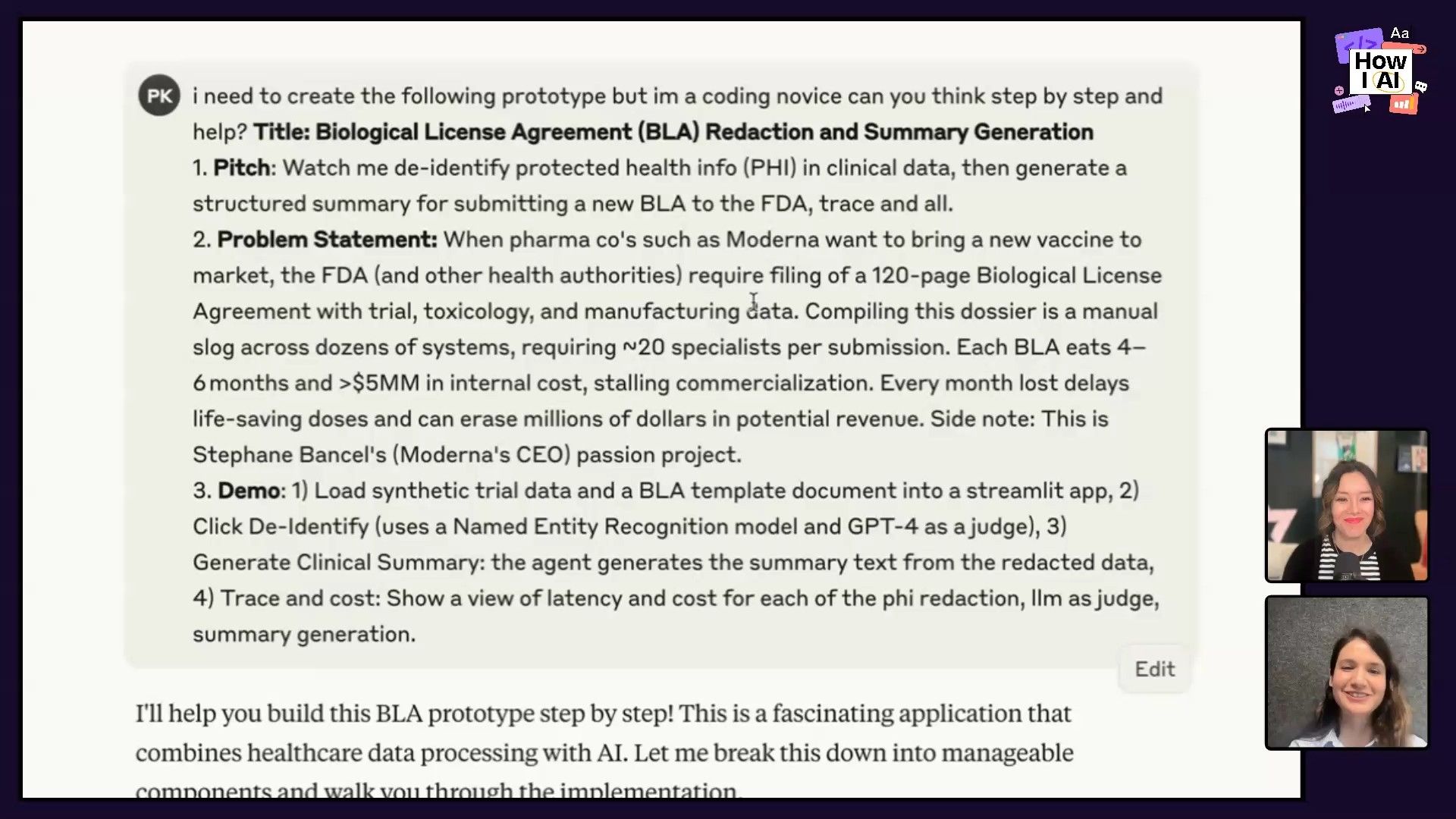 A detailed AI prompt for a 'Biological License Agreement (BLA) Redaction and Summary Generation' prototype, outlining the pitch, problem statement, and demo steps, as shown within a Claude chat interface during the podcast.