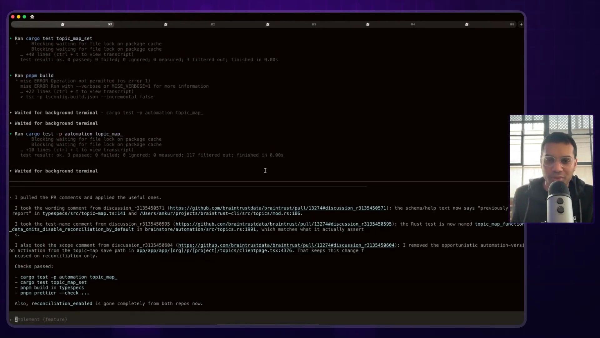 Ankur's terminal showing multiple tmux sessions, named 'Braintrust 1' through 'Braintrust 4'