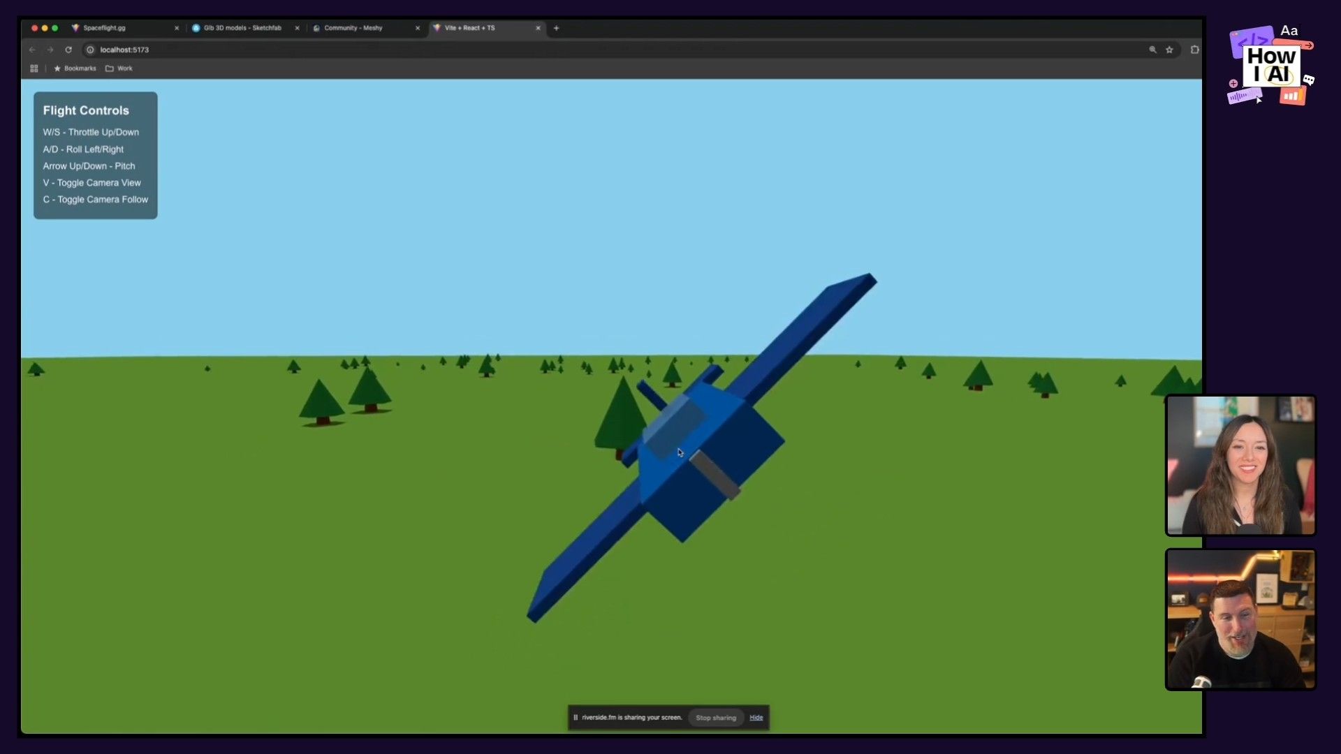 A demonstration of a simple 3D airplane simulation, likely developed with Vite + React + TypeScript, running in a web browser with visible flight controls and key bindings.
