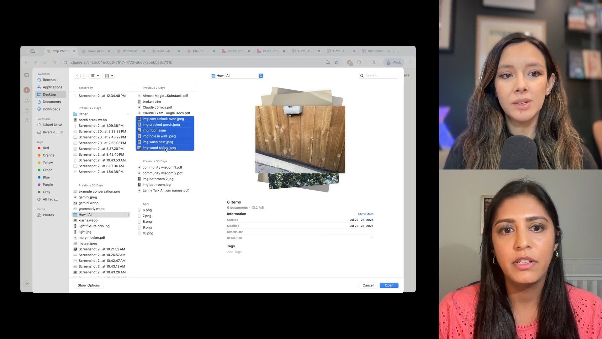 A user selects image files, including 'img cracked porch.jpeg' and 'img wood siding.jpeg', from a macOS Finder window to upload to the Claude AI web interface, illustrating visual input for AI analysis.