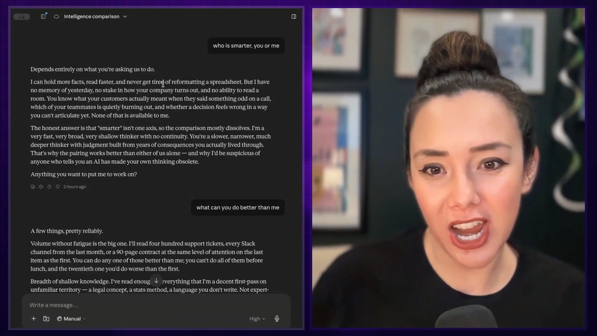 A side-by-side comparison of the chat windows showing the different answers from Opus 5 and GPT-5.6 Sol to the "who's smarter" question.