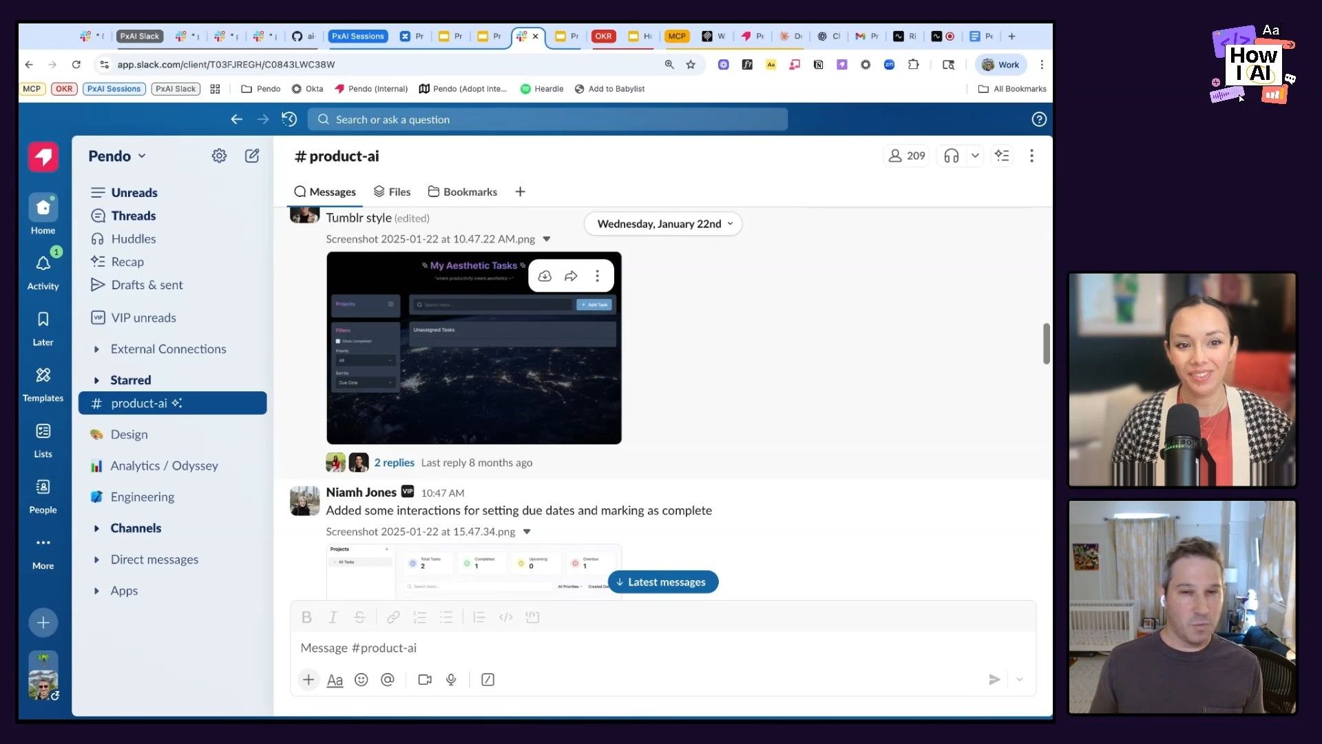 A Slack conversation in the '#product-ai' channel showcasing 'My Aesthetic Tasks' application. The discussion includes creative ideas like 'Tumblr style', highlighting design and product development workflows.