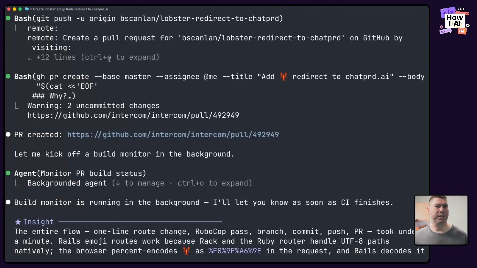 A look at the Claude Code AI interface, demonstrating an AI prompt for creating a 'lobster-emoji rails redirect' to `chatprd.ai`, highlighting AI-assisted development workflows. The prompt is aimed at accelerating deployment to production.