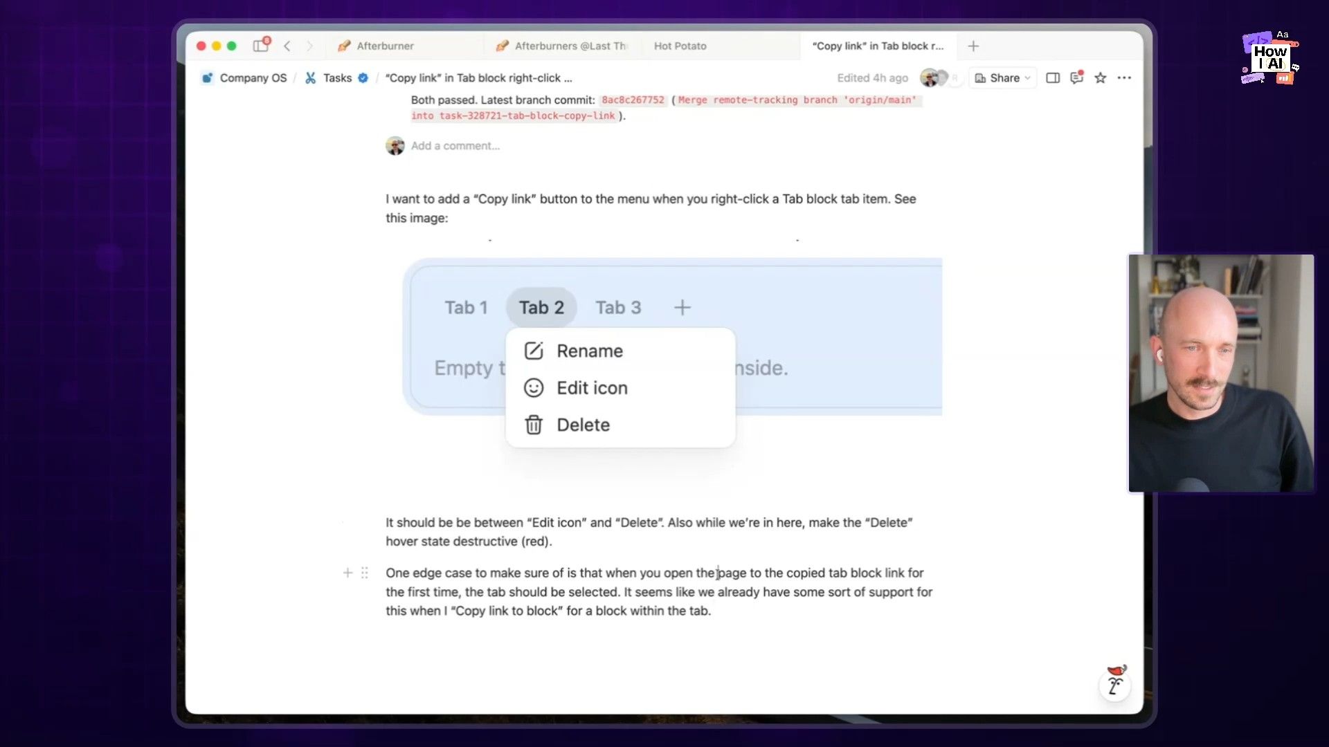 A detailed view of a GitHub pull request or similar development task, illustrating a request to add a 'Copy link' option to a tab block's right-click menu. The screenshot provides visual context with a UI mock-up and includes technical specifications and commit details, potentially generated by an AI agent.