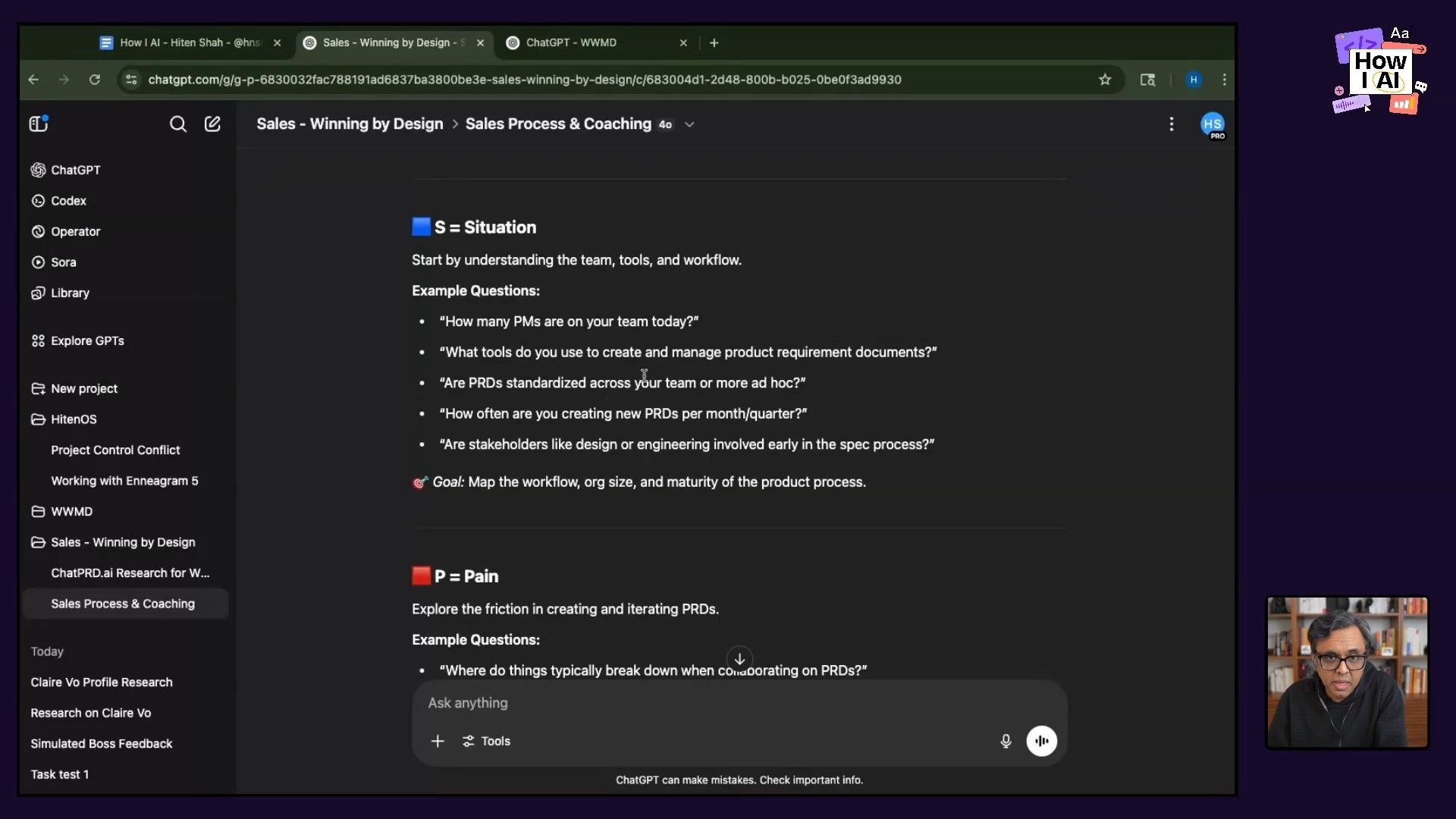 A detailed look at ChatGPT generating a 'SPICE discovery guide' for 'Sales Process & Coaching', illustrating the 'Situation' and 'Pain' sections with specific, AI-generated questions designed to explore product management workflows and PRD creation.