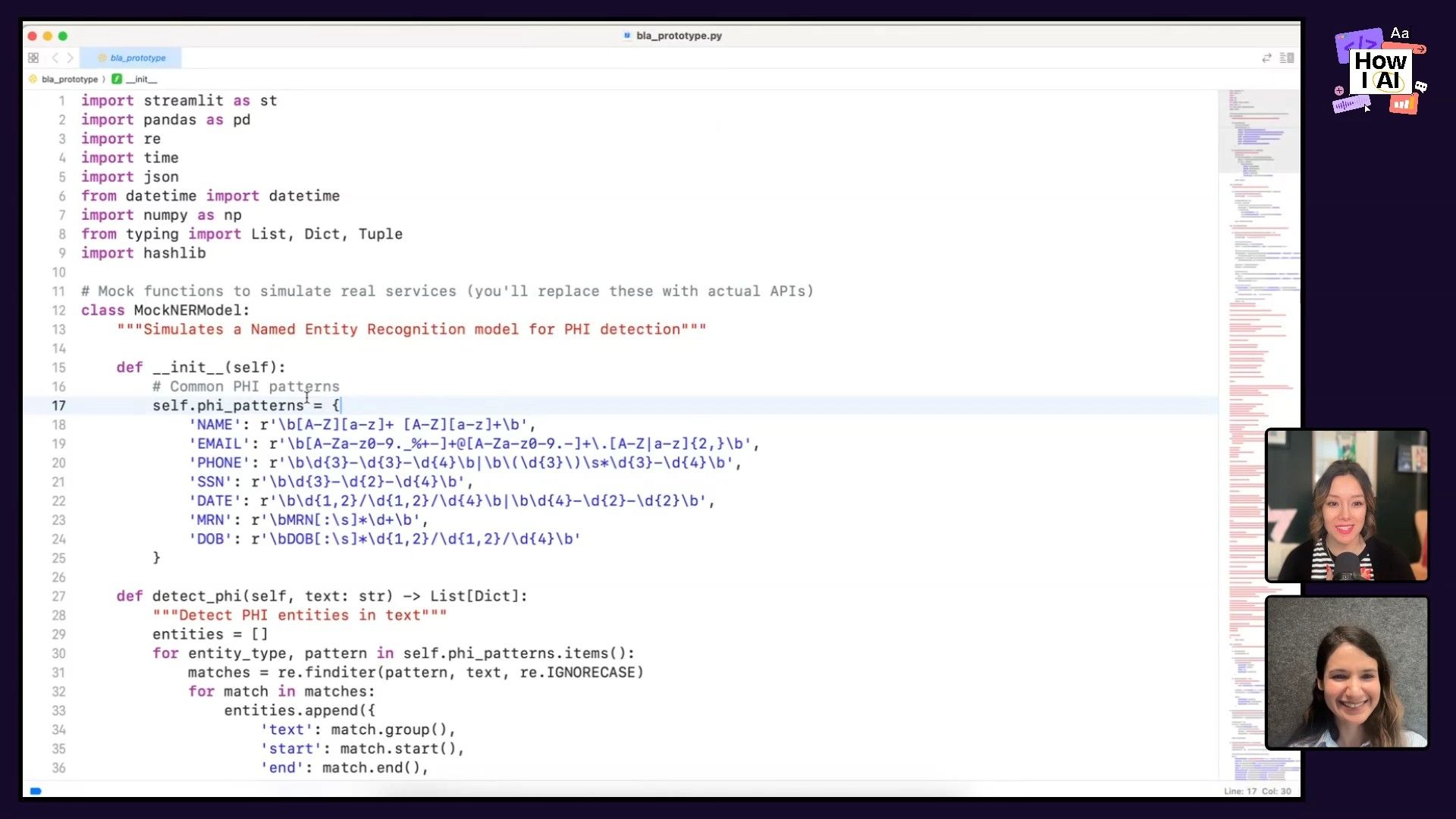 A detailed outline for an AI-powered clinical document redaction system, covering processing steps, architectural components, security and scaling considerations, and a demo flow, all presented within a web browser interface, likely a large language model's chat output.