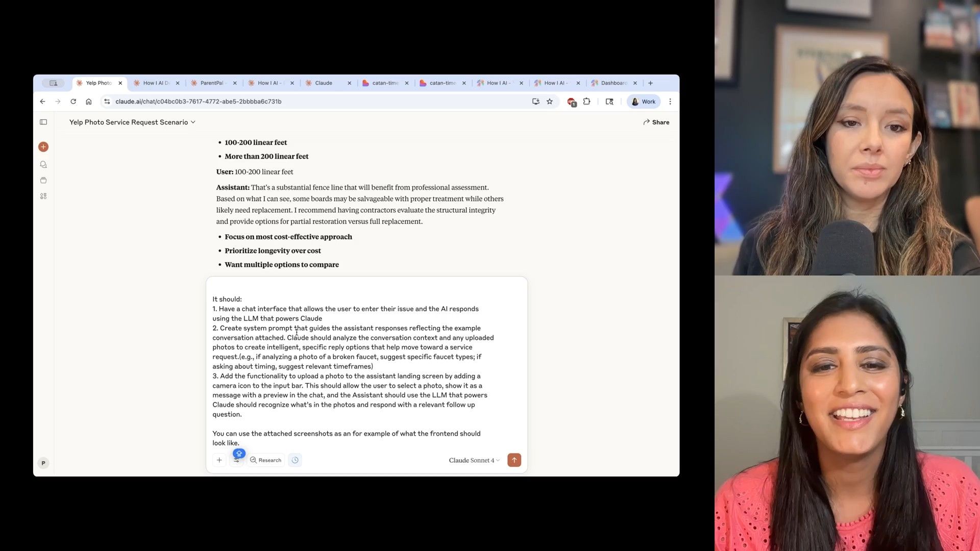 A detailed look at a Claude AI interface showing a 'Yelp Photo Service Request Scenario' with requirements for an AI assistant's interaction, including system prompts and photo upload functionality.