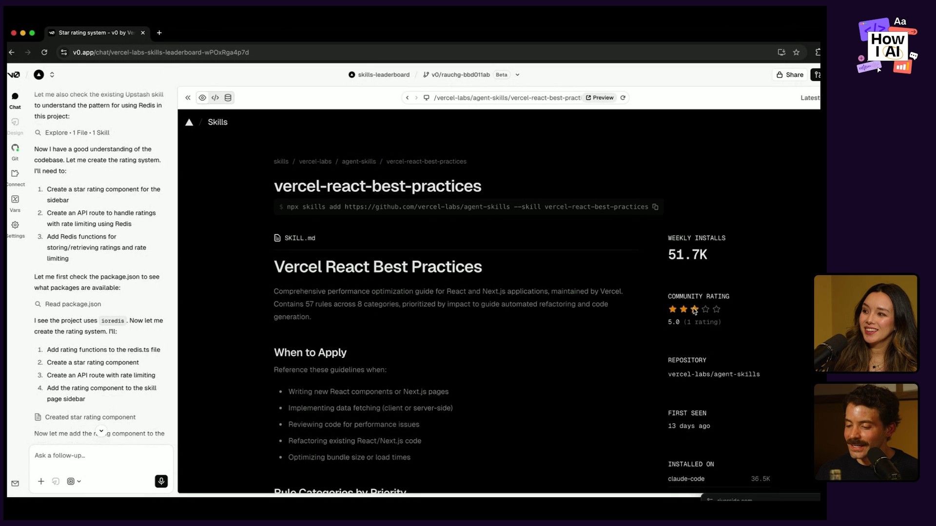 A preview of the v0 UI for Vercel React Best Practices, demonstrating a generated 5-star rating system and an AI assistant providing development instructions for its creation.